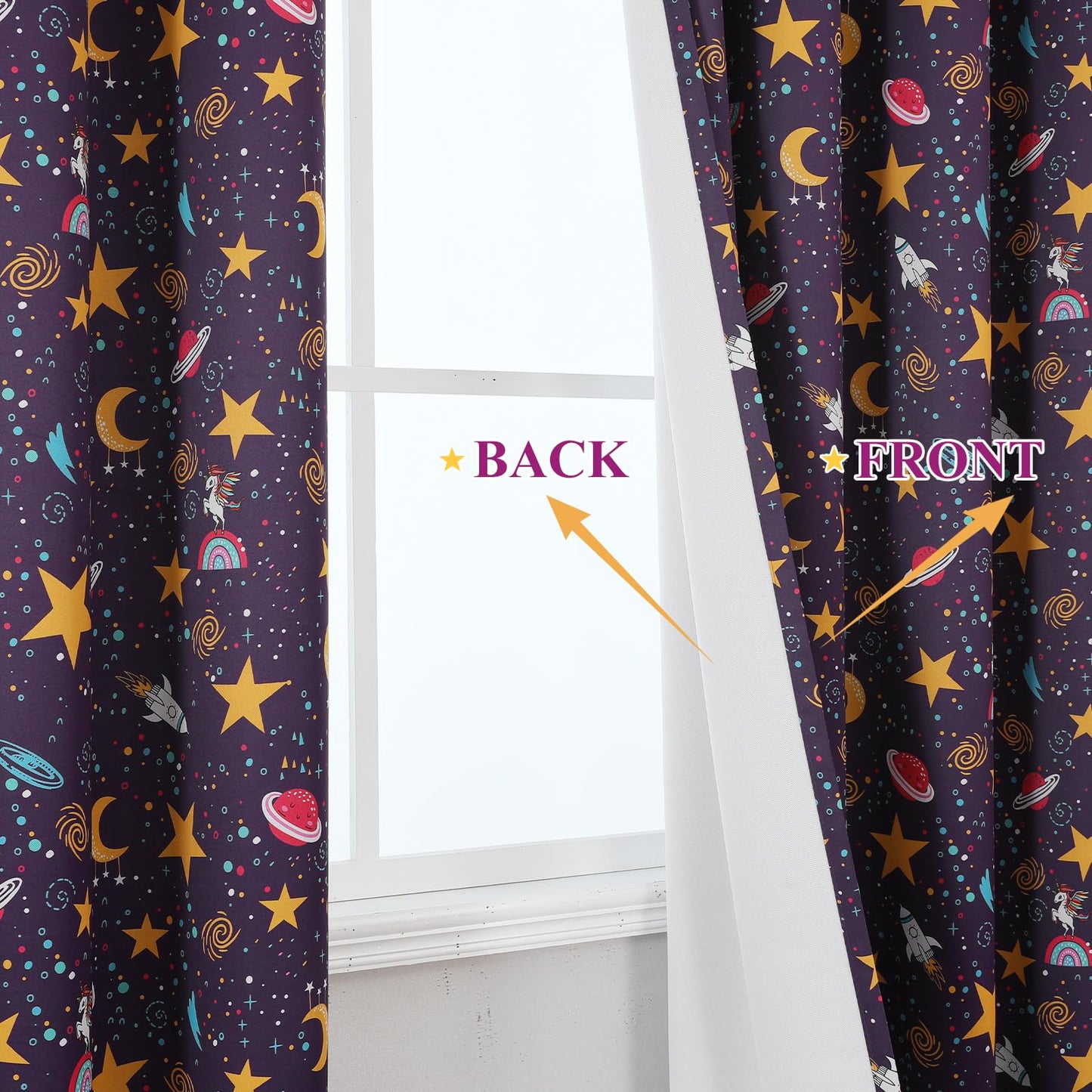 Estelar Textiler Unicorn & Rocket Theme Purple Blackout Curtains 72 Inch Long 2 Panel, Room Darkening Thermal Insulated Drapes for Nursery Bedroom, Star Moon Curtains Decor for Kids Room, 38x72 inch