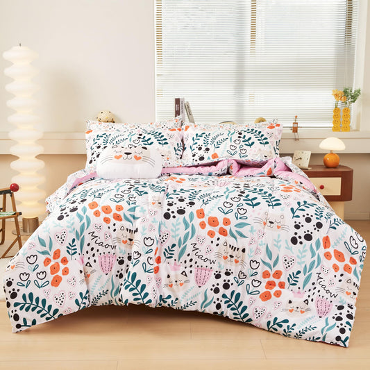 Mooreeke Twin Size Comforter Sets for Girls Kids, 6 Pieces Bed in a Bag Flower and Cat Bedding Comforter Sheet Set with Shams and Decorative Toy Pillow, Ultral Soft Microfiber Kids Bed Set