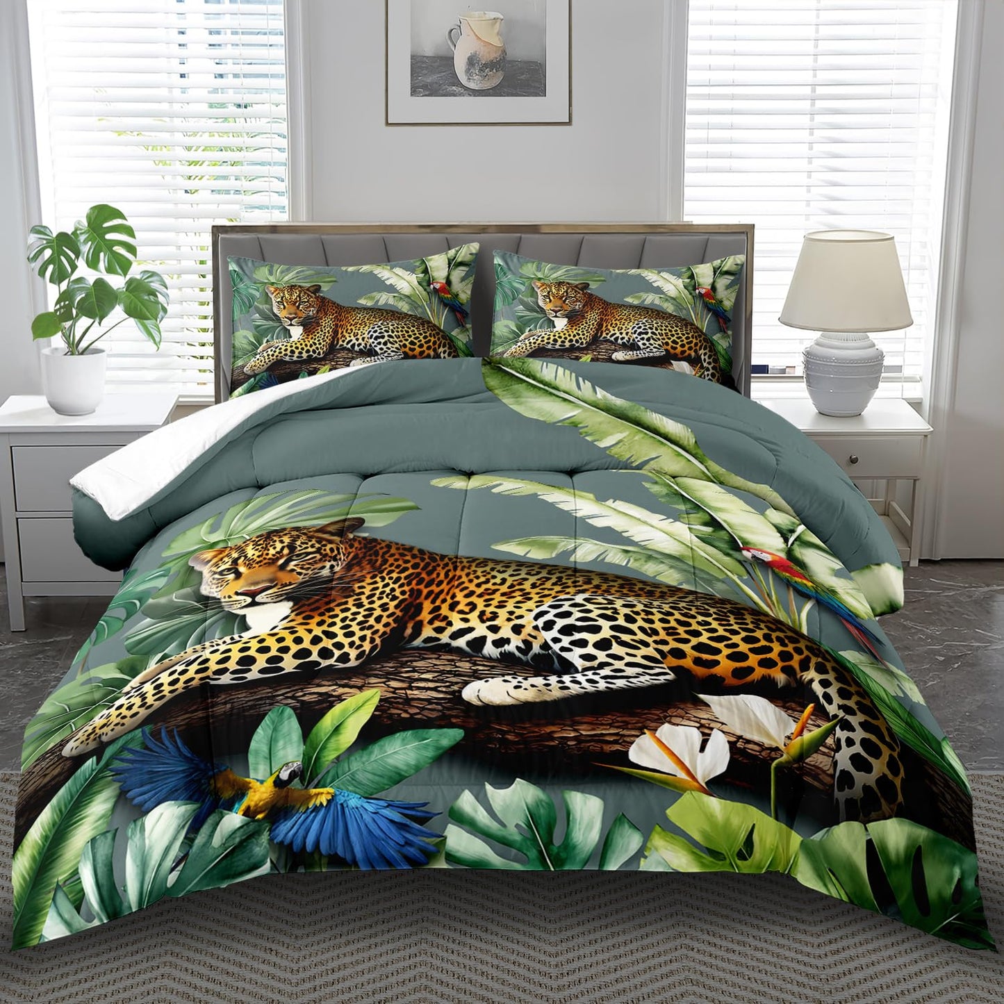llyxsesty Animal Leopard Print Comforter Set King Animal Cheetah Print Comforter Set Boys Girls Floral Leopard Bedding Bedroom Decor Floral Cheetah Bedding King Jungle Plant Room Decor