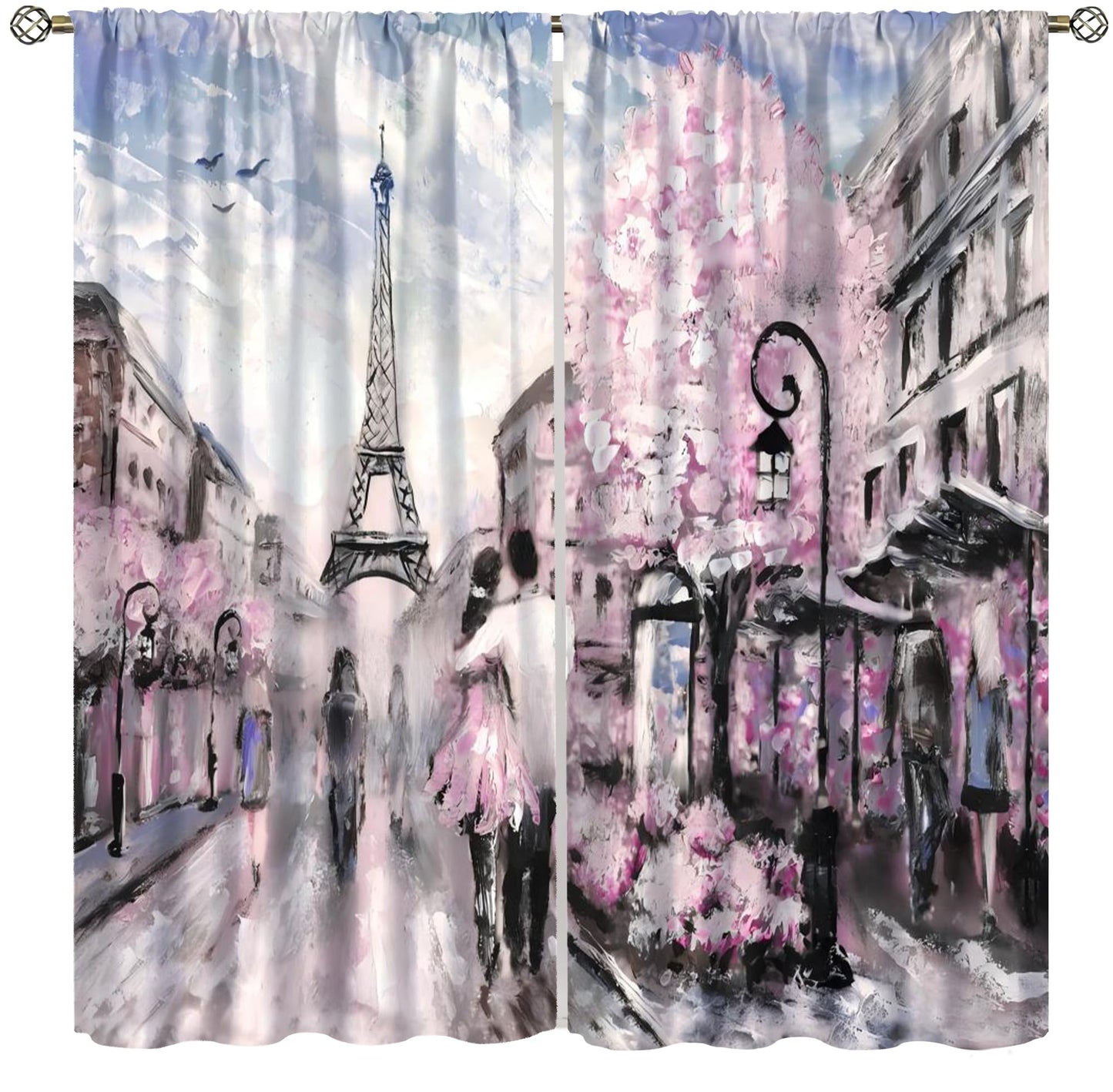 French Eiffel Tower Curtains Paris City Architecture Pink Themed Romantic Decor Oil Painting Style Rod Pocket Window Treatments For Living Room Girls Women Bedroom 2 Panels Set 41" x 45" （No Blackout）