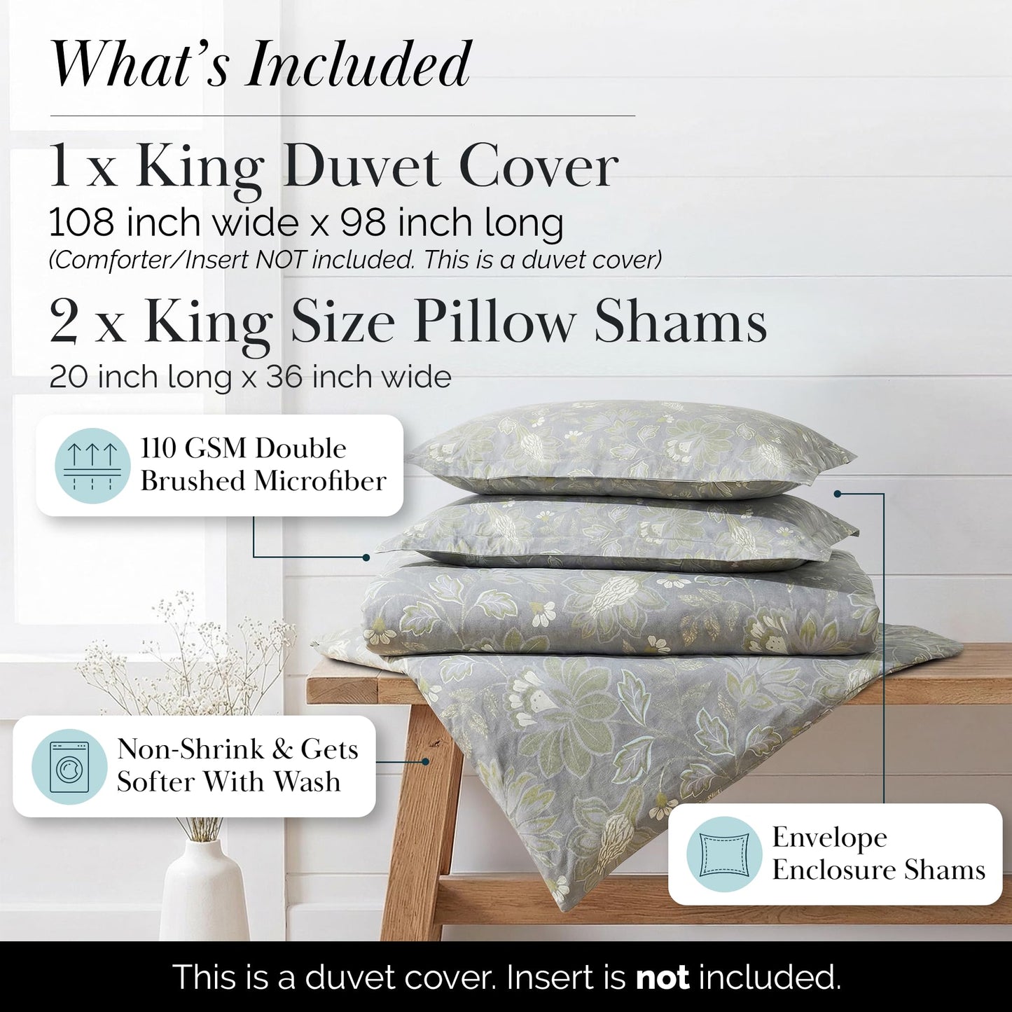 Southshore Fine Living, Inc. Duvet Cover King/California King Size Set – Extra Soft Bedding w/Zipper Closure – King Duvet Cover Set 108"x98", 2 Pillow Shams 20"x36" – Wrinkle Resistant– Blossom Slate