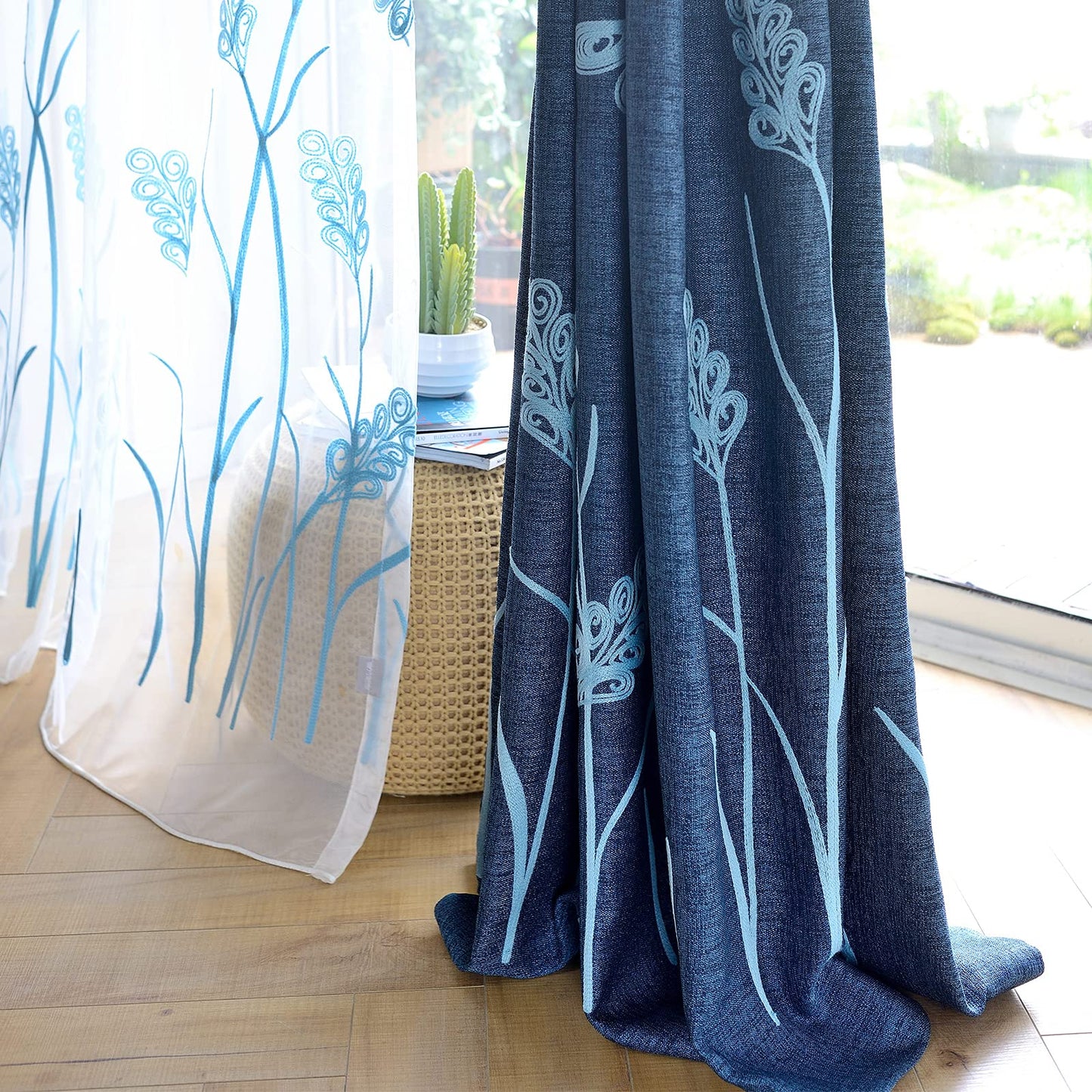 Melodieux Wheat Embroidery Linen Textured Curtain for Living Room Bedroom, Rustic Farmhouse Style Flax Drape Grommet, Blue Wheat/Navy, 52 by 84 Inch (1 Panel)