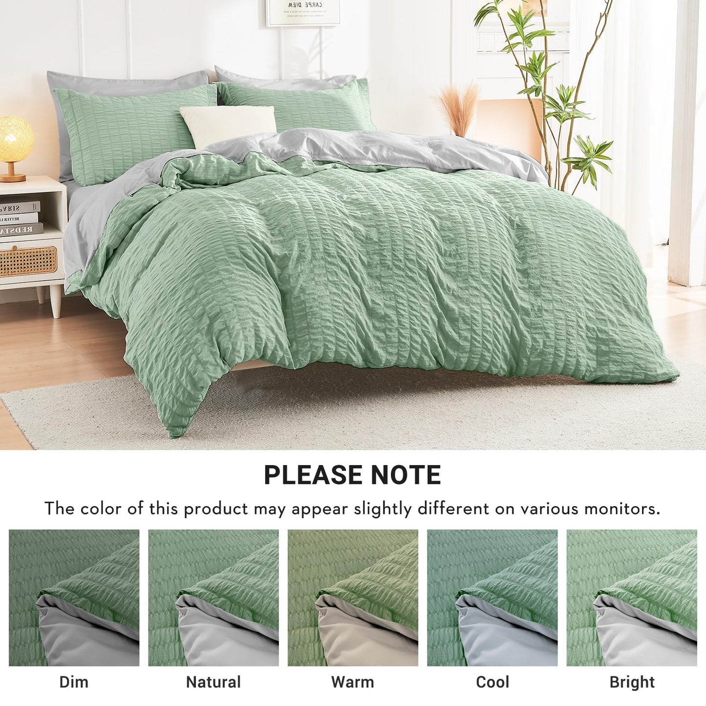HYMOKEGE Sage Green/Light Grey Twin Comforter Set Seersucker 5 Pieces, All Season Luxury Bed in a Bag for Bedroom, Bedding Set with Comforter, Sheets, Pillowcase & Sham