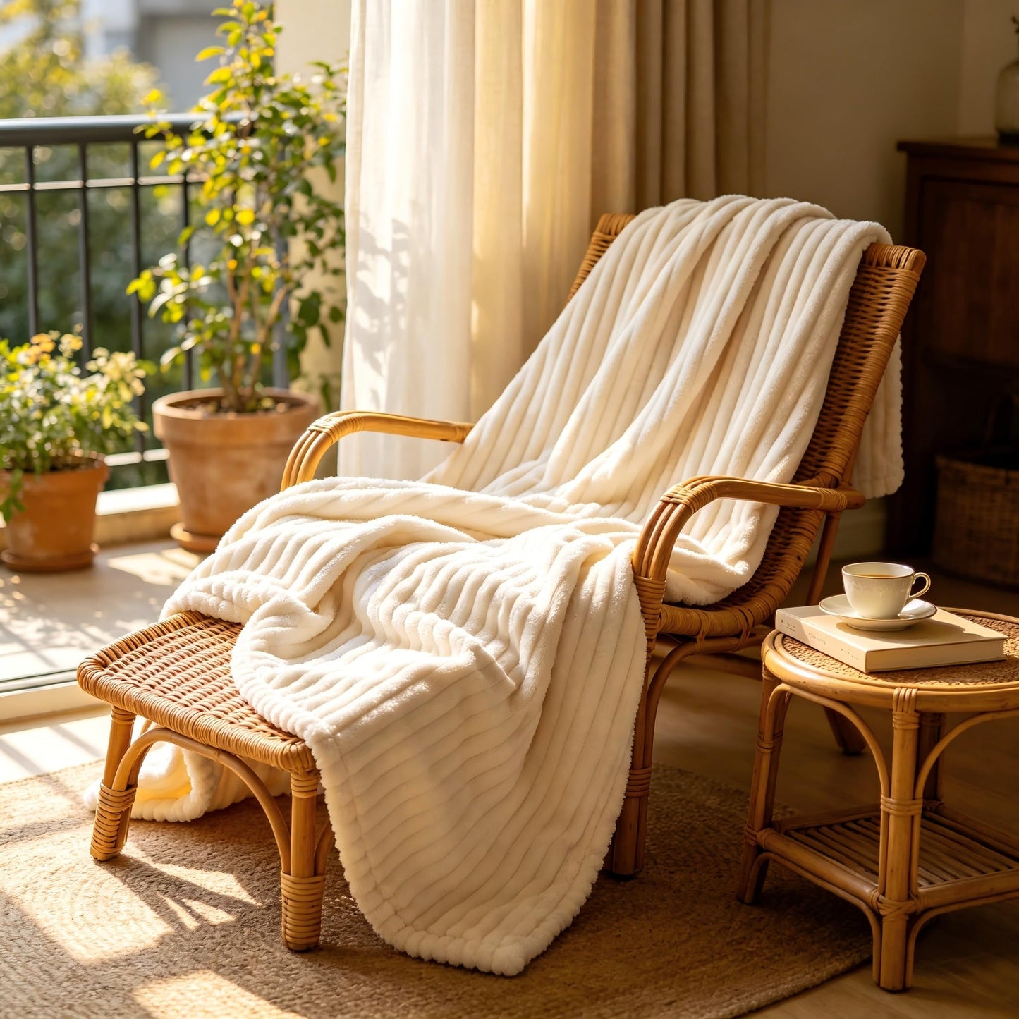 Throw Blanket for Couch, Fuzzy Soft Corduroy Blanket 50"x60", Lightweight Decorative Blanket for Living Room Bedroom Sectional Sofa, Cream White