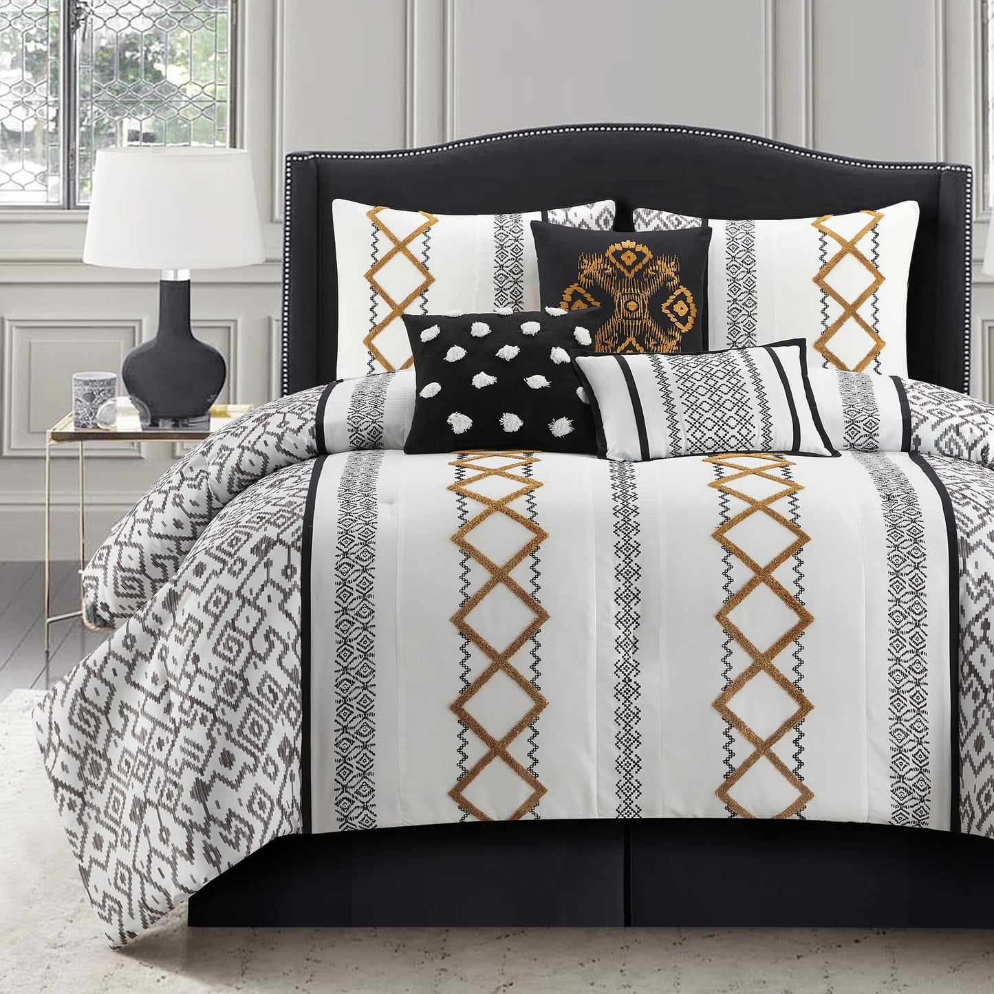 LANCO MODERN LIFESTYLE Black Gold Queen Comforter Set, 7 Pieces All Season Bedding Sets in a Bag with Geometric Terry Embroidered Comforter, Bed Skirt, Pillow Shams and Decorative Pillows