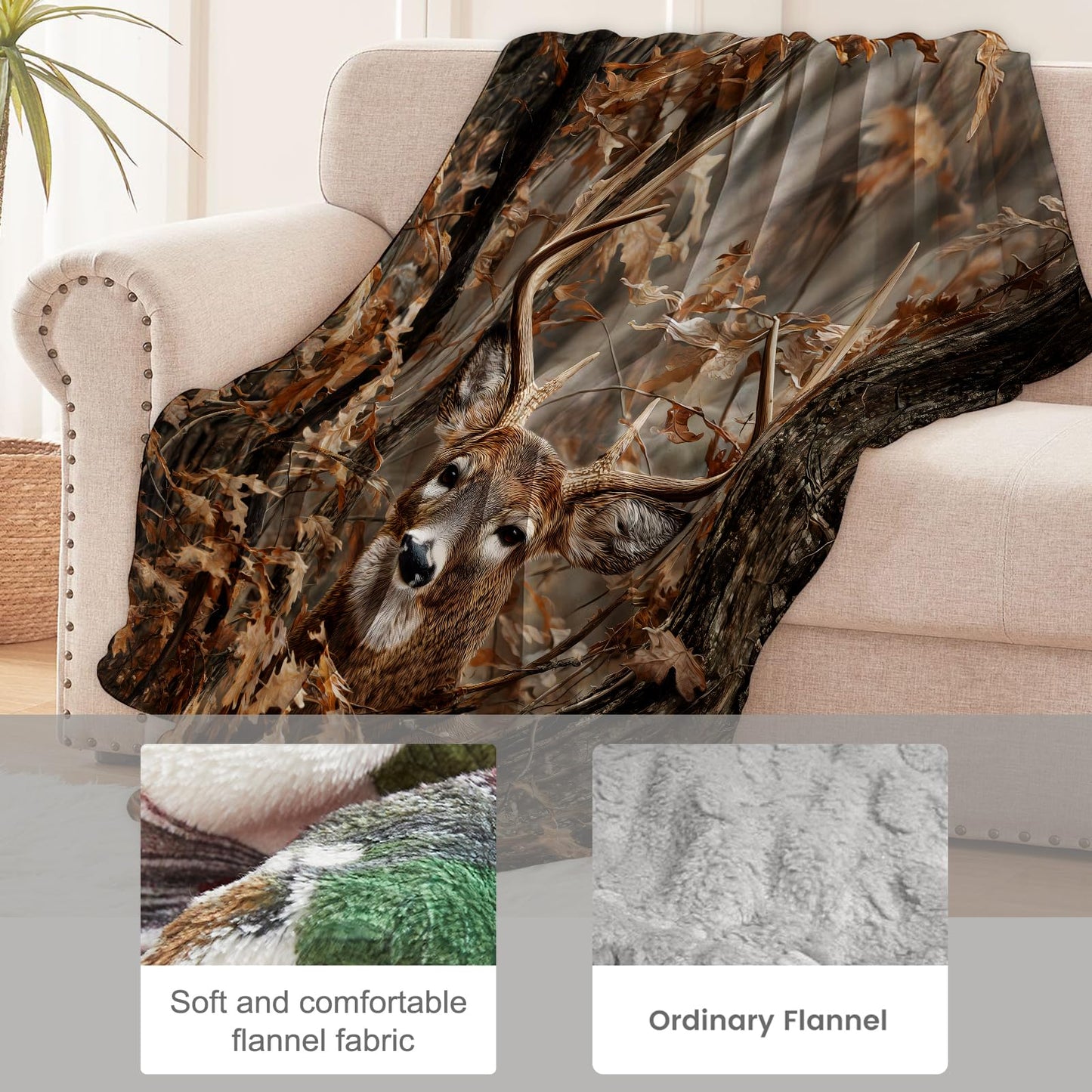 cromcu Deer Blanket for Hunting Lovers, Realistic Woodland Camo Flannel Blankets, Hunting Camping Gifts, Brown Soft Warm Cozy Throws for Sofa Couch Bed Living Room Bedroom Home Decor 60" x 50"