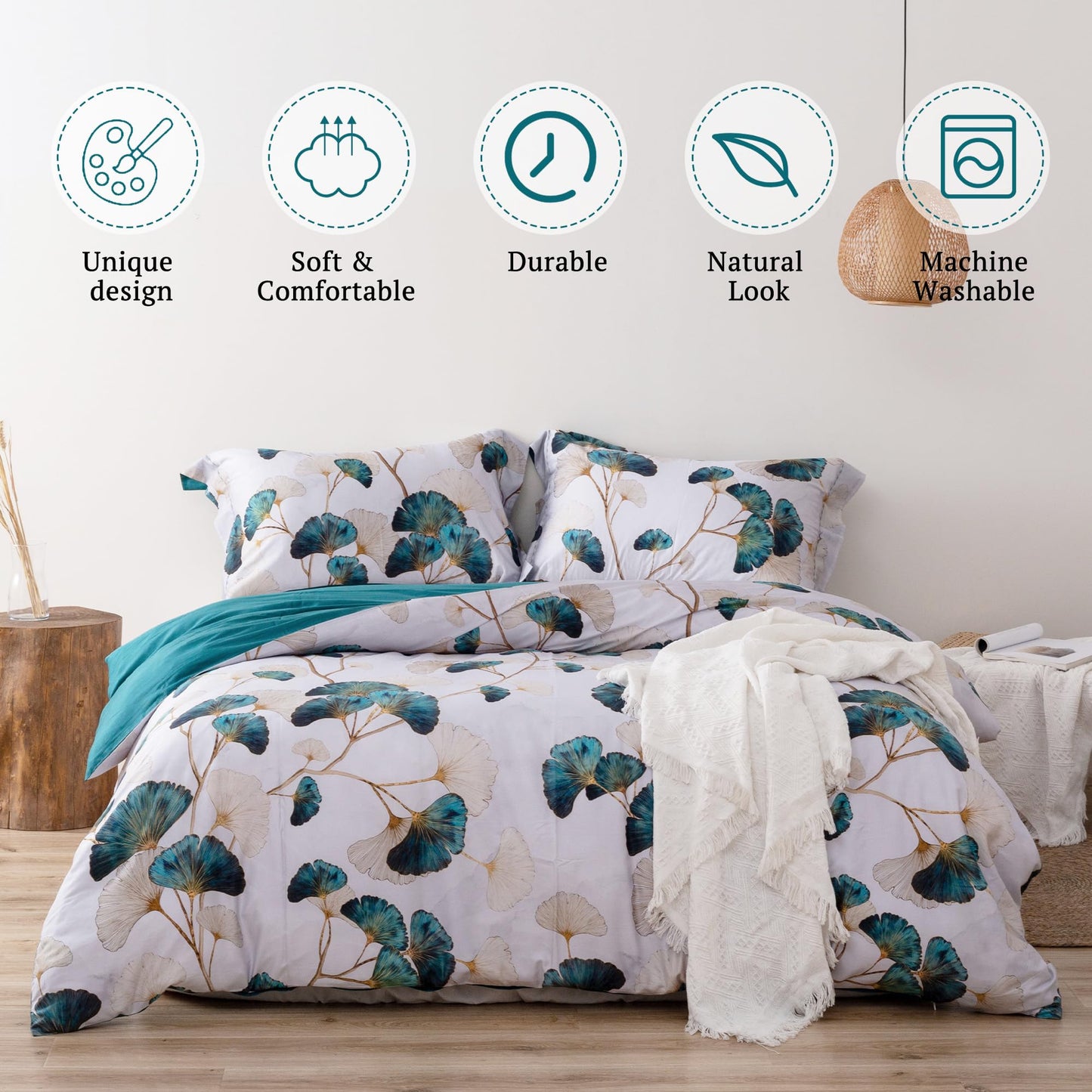 MILDLY 100% Long-Staple Cotton Duvet Cover Set Teal Green Gingko Leaf Pattern Printed Comforter Cover 3pcs, Ultra Soft & Breathable Bedding Set
