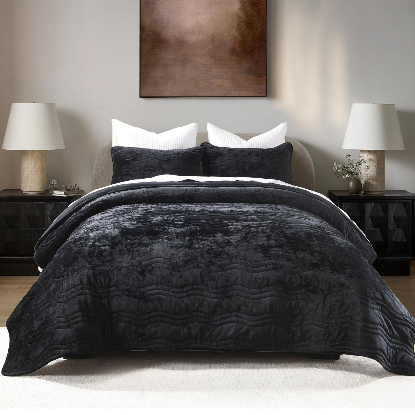 AJOCCI King Size Comforter Set, Luxurious Velvet King Quilt, Black Bedding Set, Soft Plush Bedspread King Size, Lightweight Quilts for All Season, Black