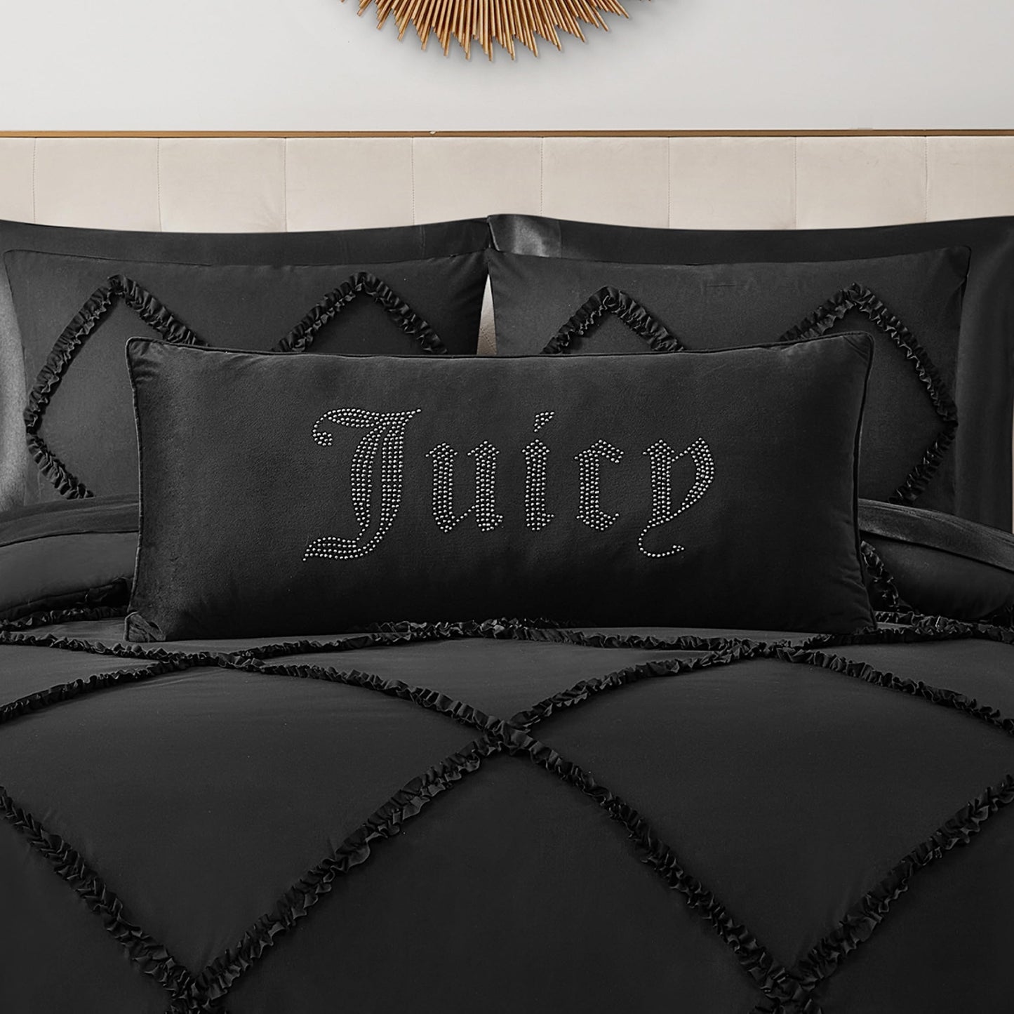 Juicy Couture Silver Rhinestone Decorative Pillow - Premium Throw Pillow - Living Room and Bedroom Décor - Hannah 16" x 36", Black Velvet