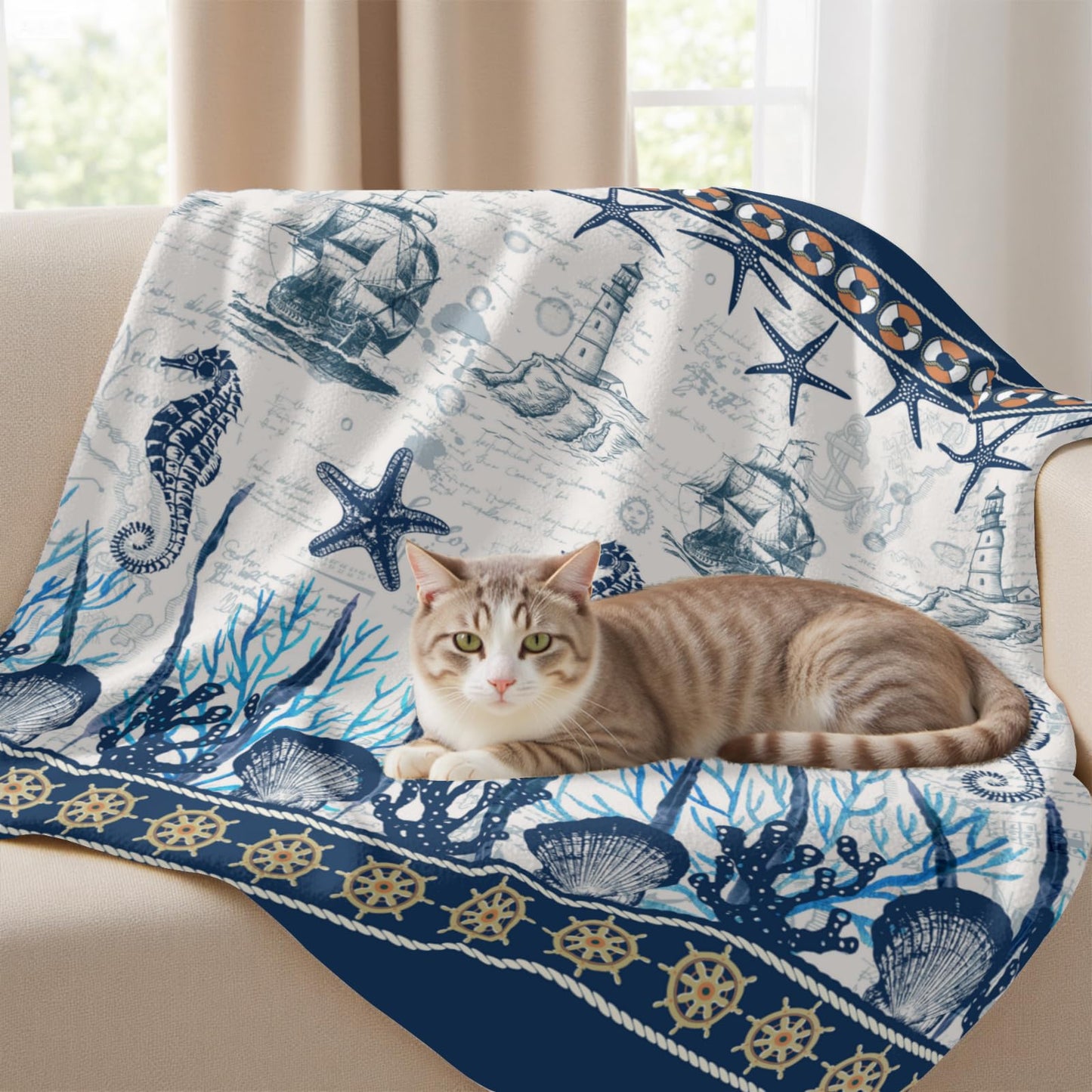 Arktrident Nautical Sailboat Throw Blanket Ocean Starfish Lightweight Bed Blankets Soft Cozy Plush Fleece Flannel Blankets for Couch Sofa Bed 50"x 60"