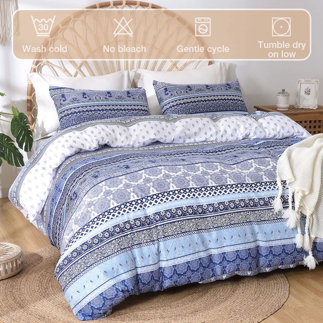 Lekesky Boho Queen Size Duvet Cover Set, Boho Blue Retro Comforter Cover Queen Size Floral Striped Printed, Luxury Soft Microfiber Bedding Set with Zipper Ties