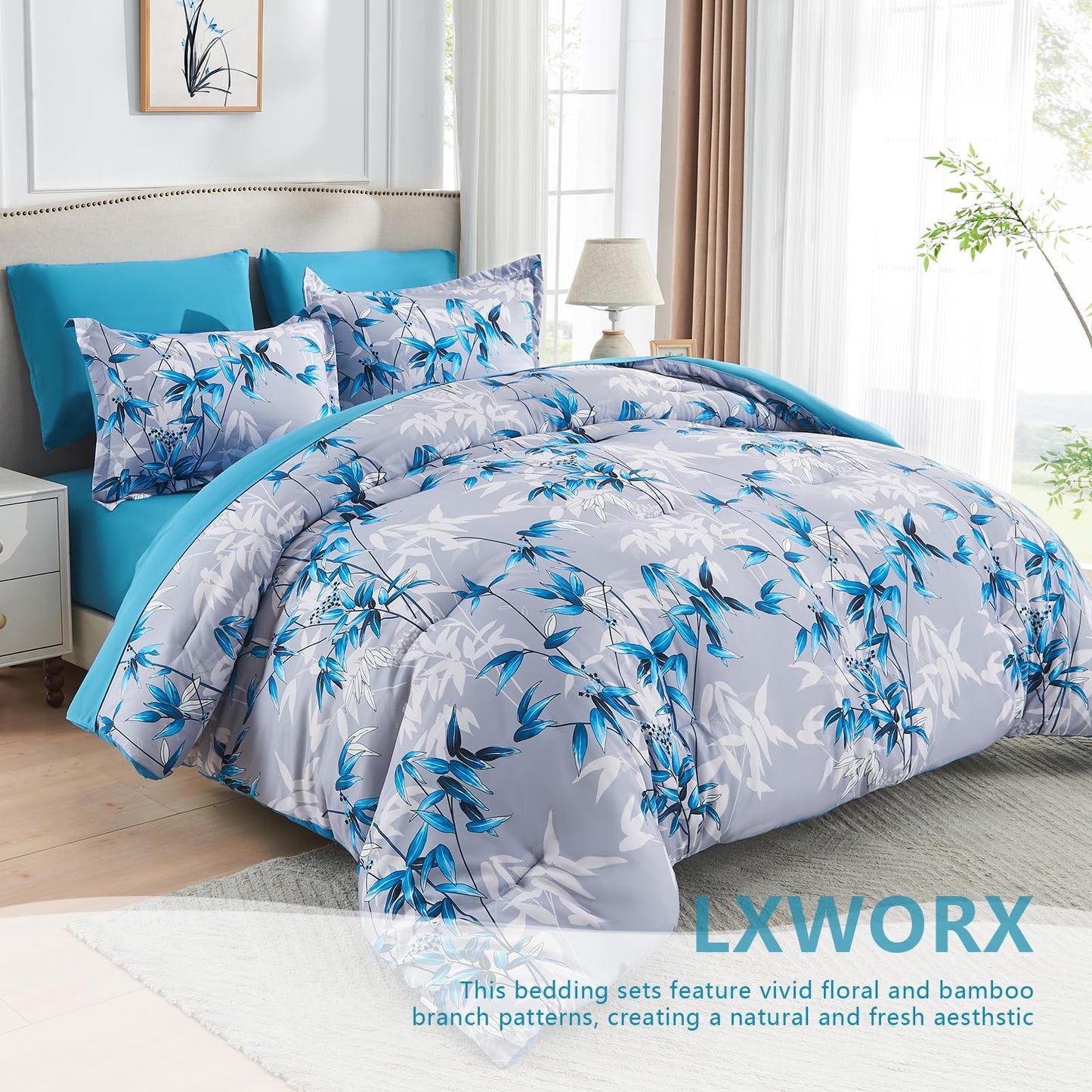LXWORX Queen Comforter Set Blue - 7 Pieces Bed in a Bag Botanical Leaf Pattern Bedding Set, Soft Lightweight Bed Set with Comforter and Sheets for All Season (Blue,Queen)