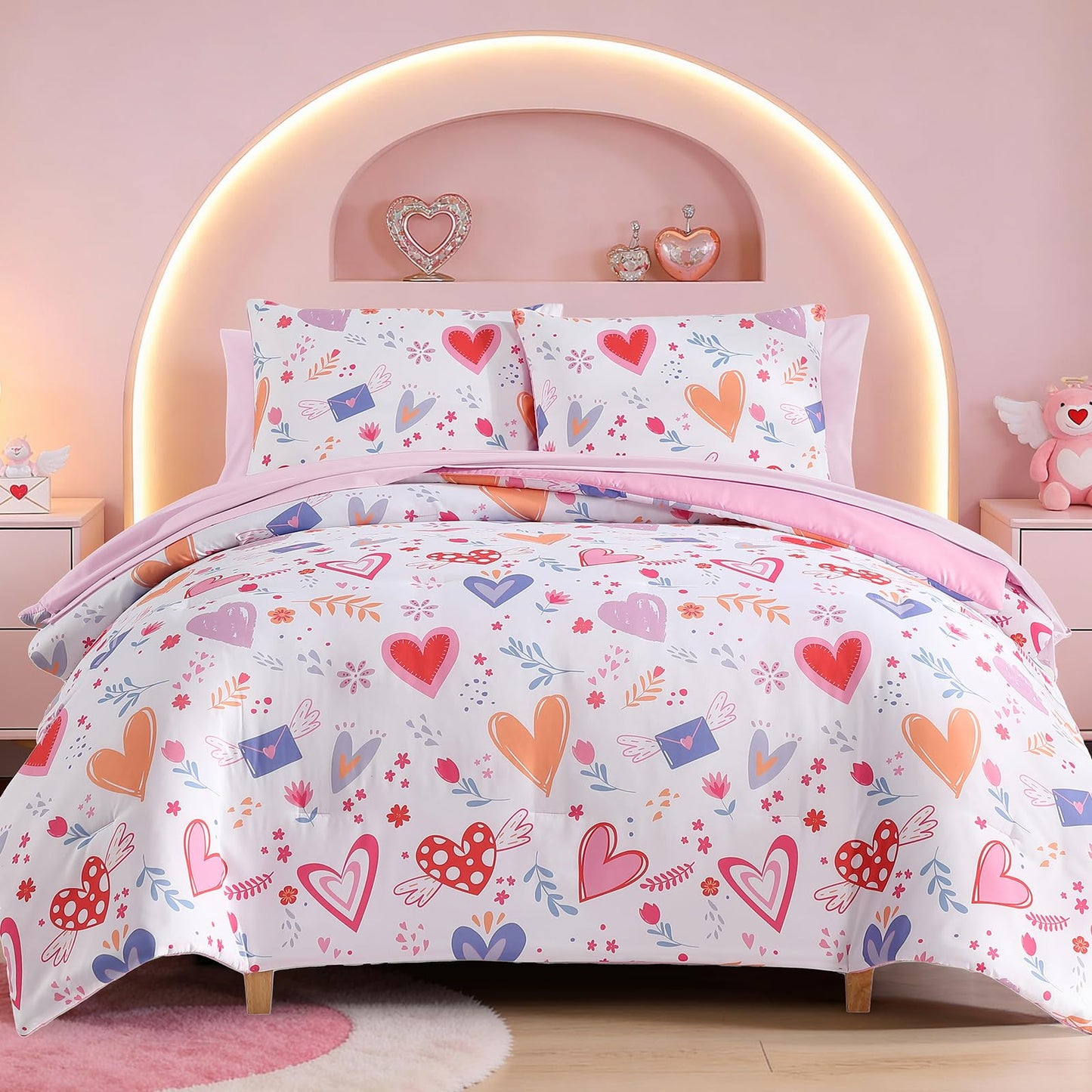Kaleido Space Twin Comforter Set for Girls Kids - 5 Pieces Heart Twin Bedding Sets for Girls Teen, Soft Cozy Bed in A Bag with Sheets