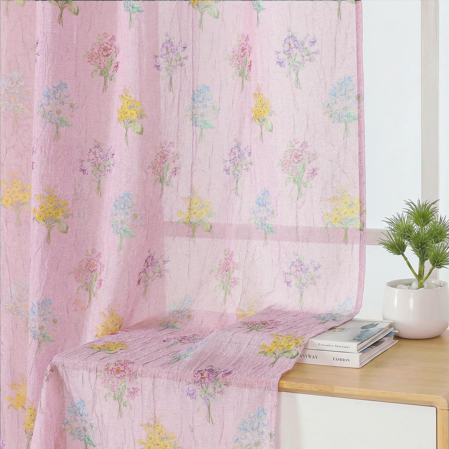 Ebesto Crushed Floral Sheer Curtains 63 Inch Length - Light Filtering Printed Sheer Flower Patterned Curtains for Bedroom, Spring Romantic Rod Pocket Window Drapes, 2 Panels, 42Wx63L, Blush Pink