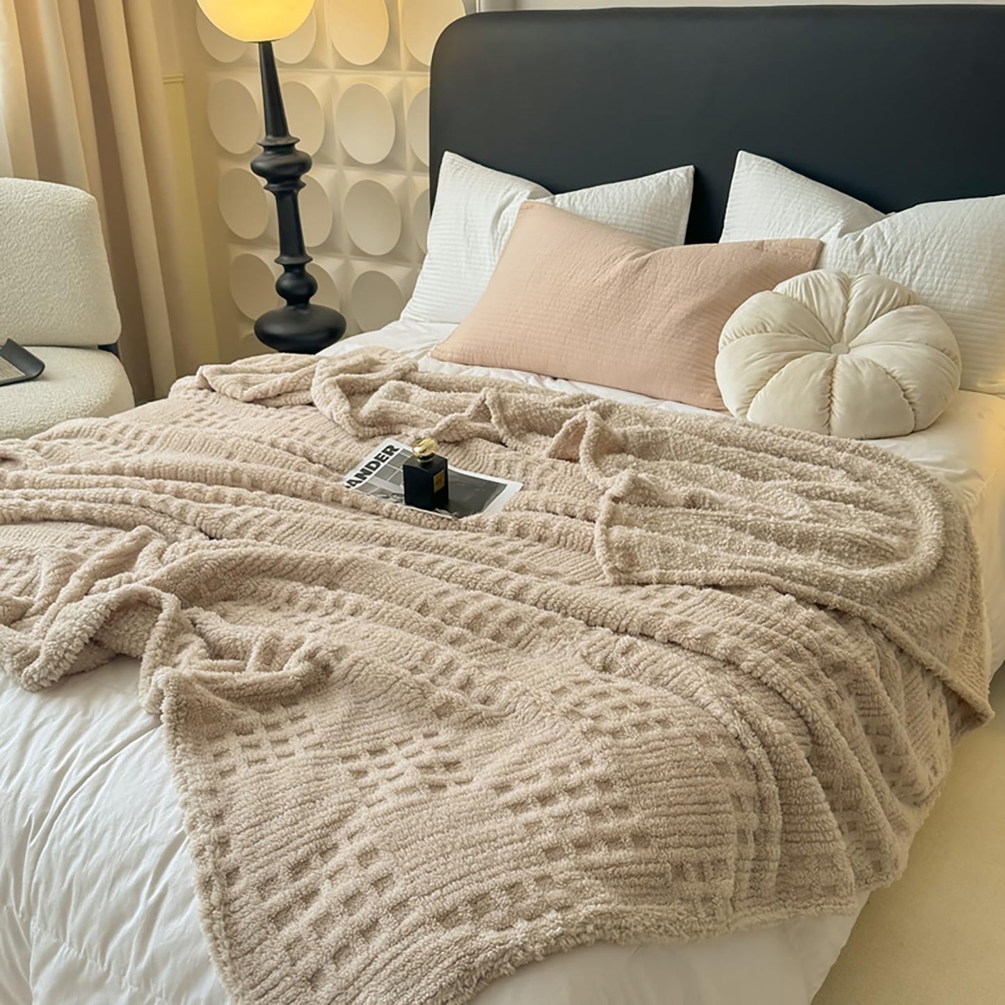 Throw Blanket for Couch or Bed，Waffle Weave Jacquard Decorative Blankets - Cozy Soft Lightweight Fuzzy Flannel Blanket(Milk Tea,80x90in)