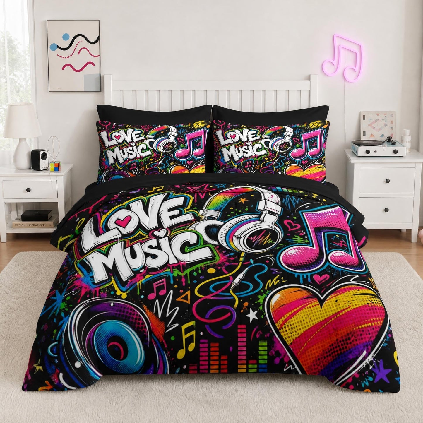 Boewywh Comforter Set Twin Size Music Graffiti Heart 5 Pcs, Bedding for Kids and Adults, Bed Sheet Sets with Fitted Sheet Pillowcase & Sham for Bedroom Bed Decor