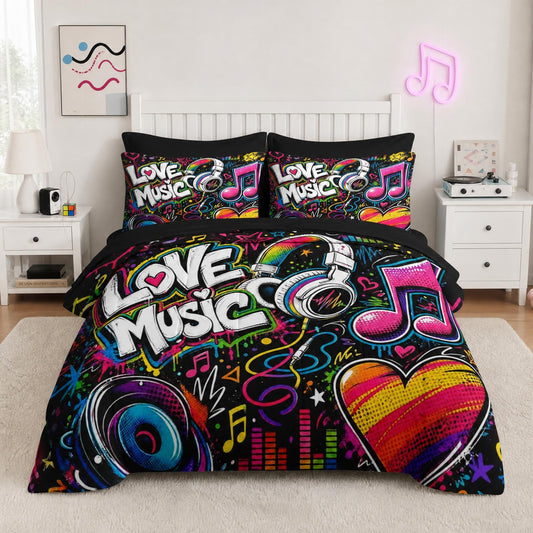 Boewywh Comforter Set Twin Size Music Graffiti Heart 5 Pcs, Bedding for Kids and Adults, Bed Sheet Sets with Fitted Sheet Pillowcase & Sham for Bedroom Bed Decor