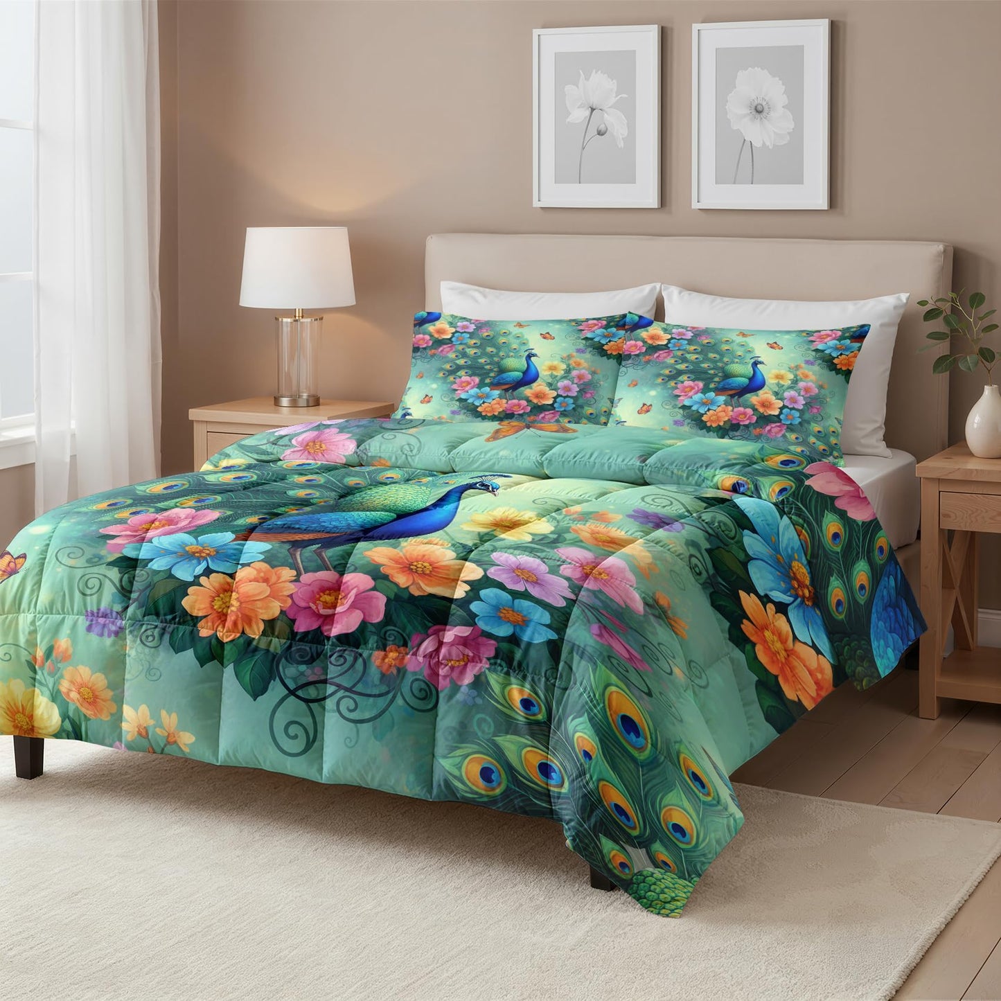 Peacock Butterfly Comforter Set Twin Size 2 Pcs - All Season Duvet Insert & Pillowcase, Oriental Asian Bedding Set, Soft Lightweight Down Alternative Comforter, Peony Bedroom Decor