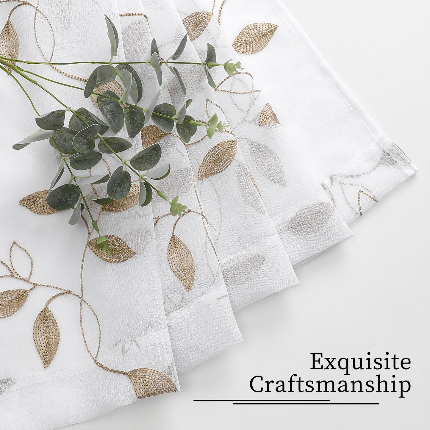 Tollpiz Taupe Leaf Sheer Curtain Leaves Embroidered Bedroom Curtains Rod Pocket Voile Window Treatments for Living Room, 38 x 63 inches Long, Set of 2 Panels