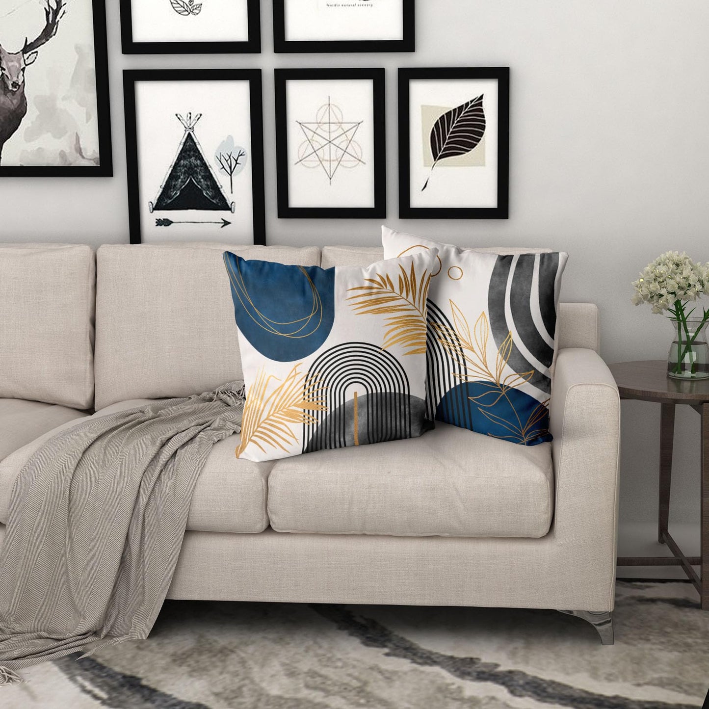 DZGlobal Grey and Blue Throw Pillows Boho Pillow Covers 20x20 Abstract Geometric Pillow Covers Mid Century Modern Decor for Sofa Bed Living Room Couch Set of 4