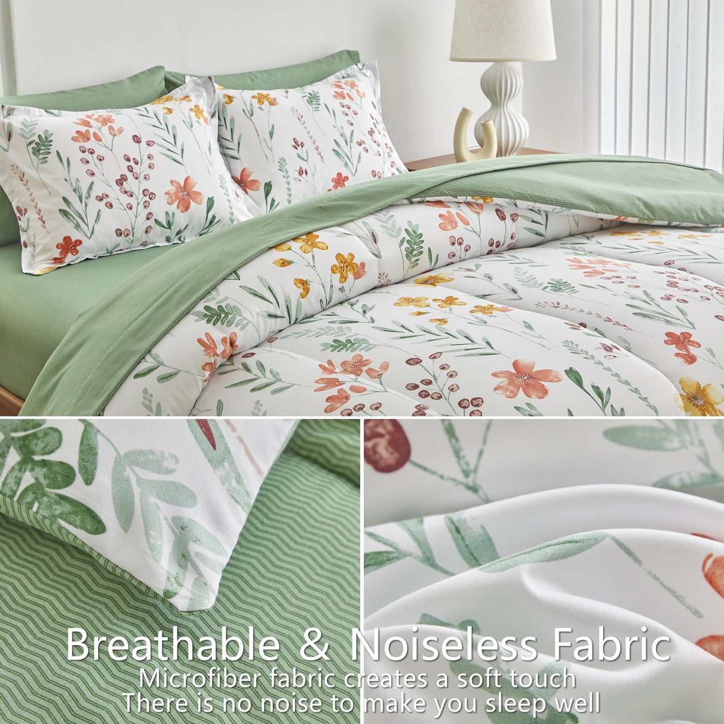 AIKASY Bed in a Bag 7 Pieces Queen Size - Floral Print - Soft Microfiber, Reversible Bed Comforter Set (1 Comforter, 2 Pillow Shams, 1 Flat Sheet, 1 Fitted Sheet, 2 Pillowcases)（White,Queen）