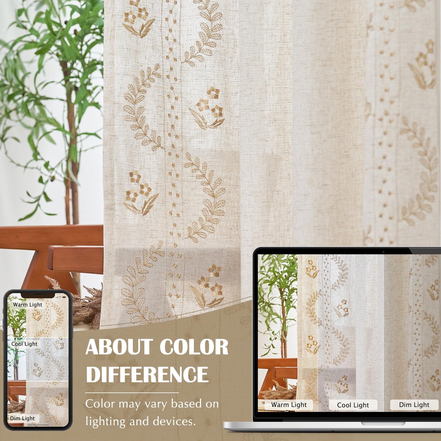 jinchan Belrose Linen Curtains for Bedroom Floral Curtains 84 Inch Length Linen Blend Beige Embroidered Drapes Farmhouse Flower Patterned Drapes for Living Room Window Treatments Set 2 Panels