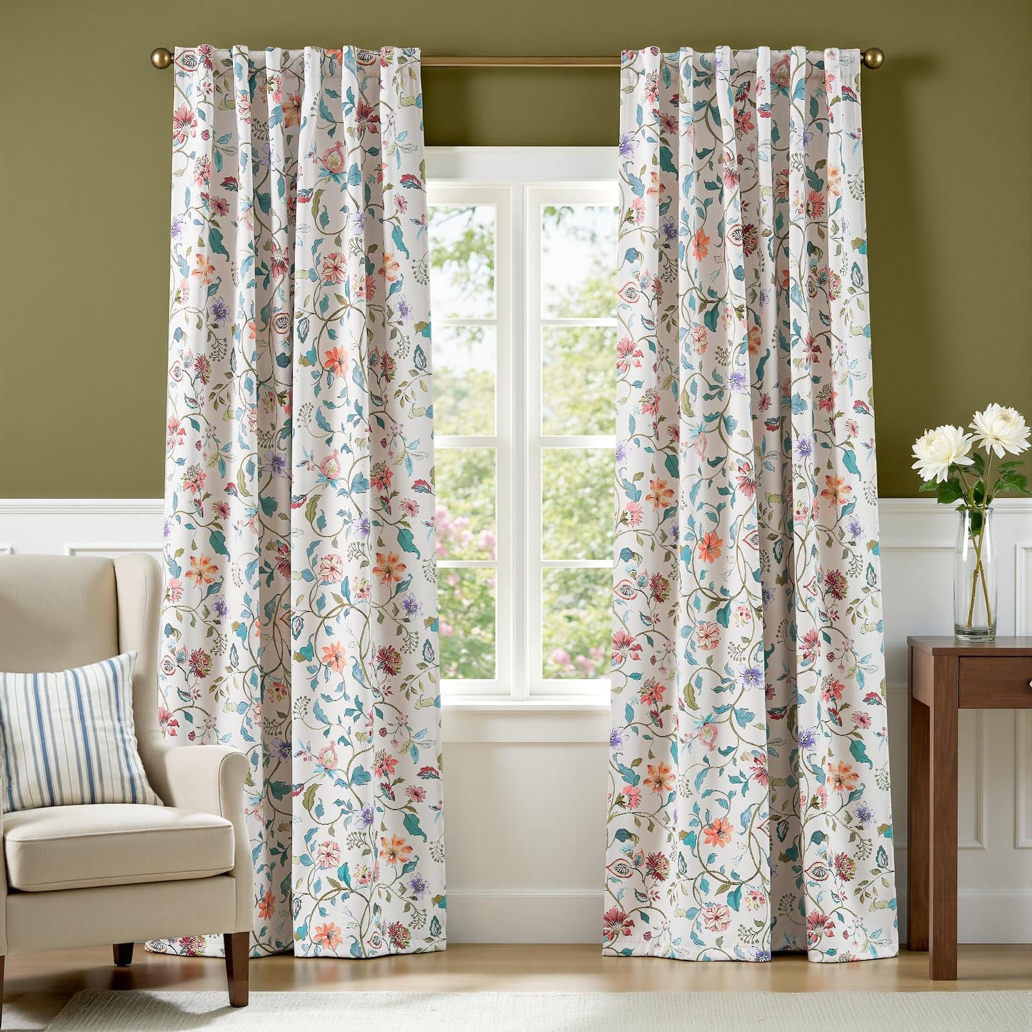 jinchan Hattie Beige Floral Blackout Curtains 84 Inch Length – Room Darkening Vintage Curtains Cream Botanical Drapes for Living Room & Bedroom, Elegant Farmhouse Window Panels, Set of 2 Panels
