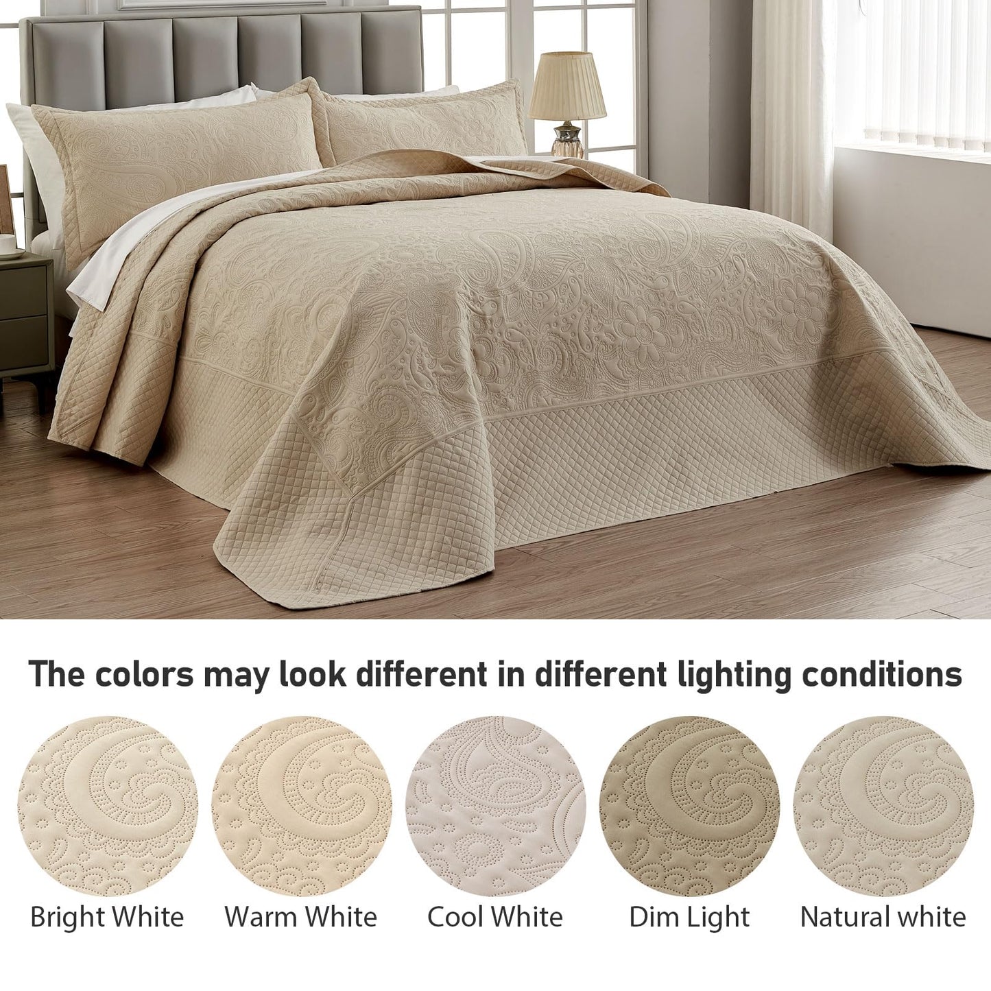 Qucover Alaska King Bedspread 132x 120, Oversized King Bedspread Extra Wide, 3 Piece Soft Microfiber Lightweight Oversized King Quilts Bedding Set, Quilting Paisley Pattern, with Pillow Shams, Beige