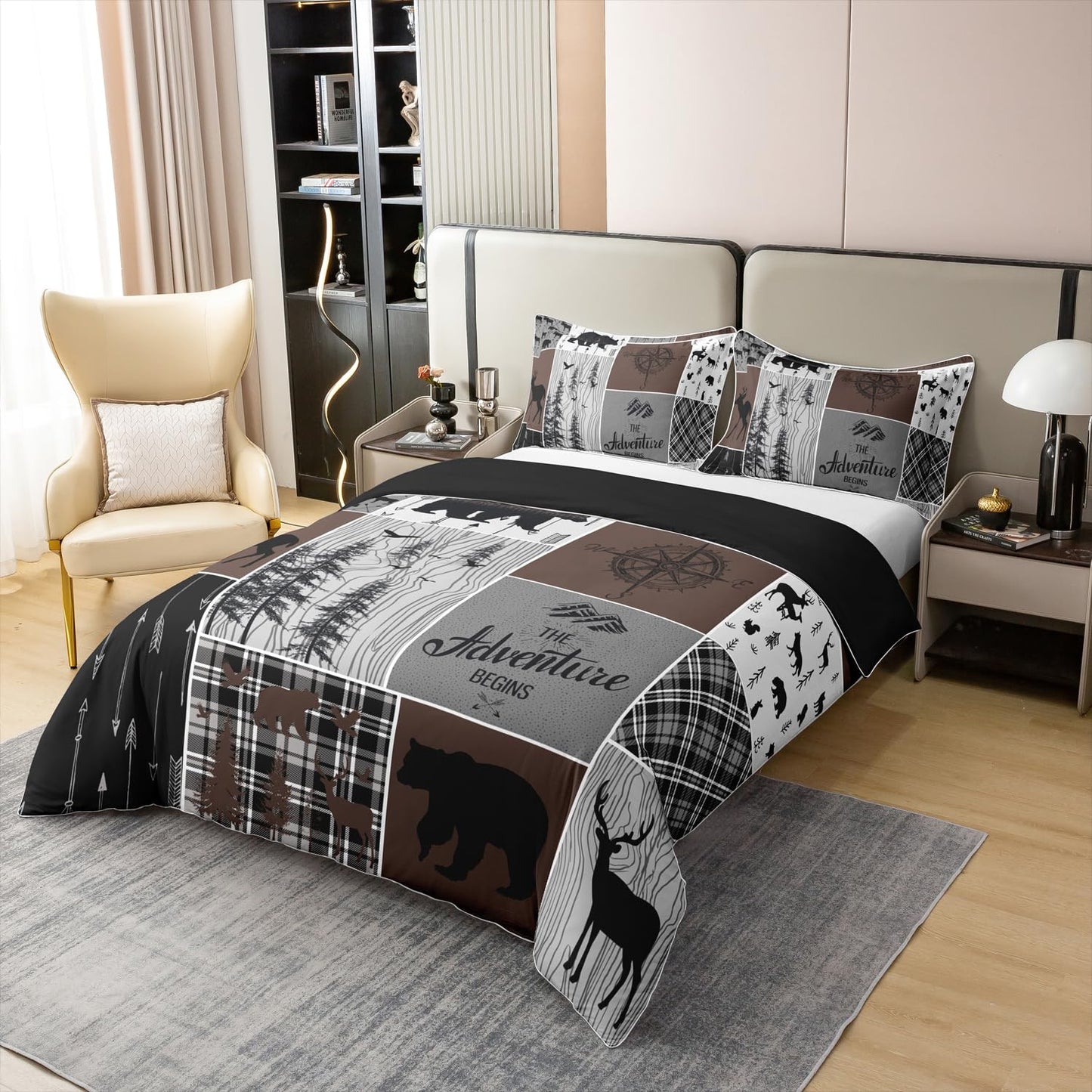 Erosebridal Hunting Deer Bear 100% Cotton Duvet Cover Retro Rustic Farmhouse Comforter Cover Queen Size for Kids Woodland Animal Bedding Set Wildlife Lodge Decor Bedclothes for Boys Teens Adult Room