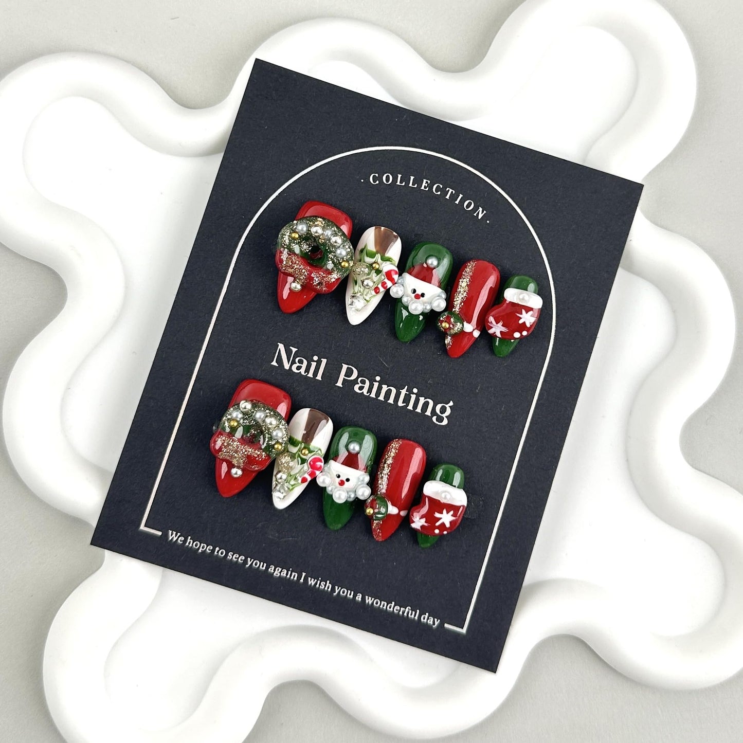 GLORS Collection Luxury Christmas Press On Nails, Hand Painted Artificial Nails with Pearls, Glitter, Santa Design, Red and Green Holiday Theme, Medium Length Almond Shape, 10 Pieces (Medium, MB)