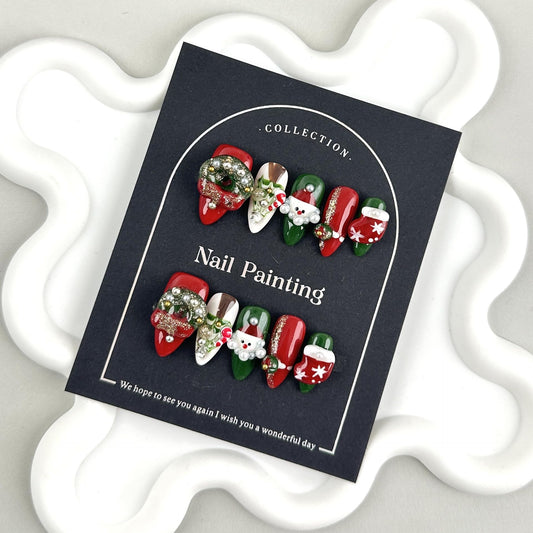 GLORS Collection Luxury Christmas Press On Nails, Hand Painted Artificial Nails with Pearls, Glitter, Santa Design, Red and Green Holiday Theme, Medium Length Almond Shape, 10 Pieces (Medium, MB)