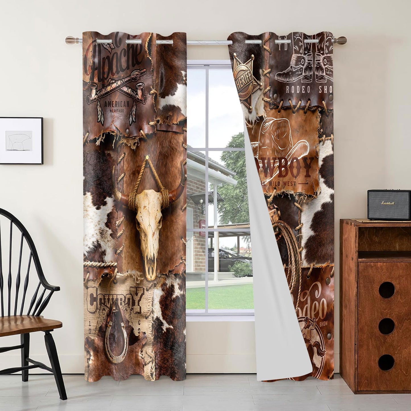 HIYSMT Western Cowhide Blackout Curtains,Cowboy Hat Boots Horseshoe Rope Cow Skull Drapes,4284inch Rustic Farm Animal Skin Window Treatments for Bedrooms Living Room Kitchen,2Panel HI0102YL