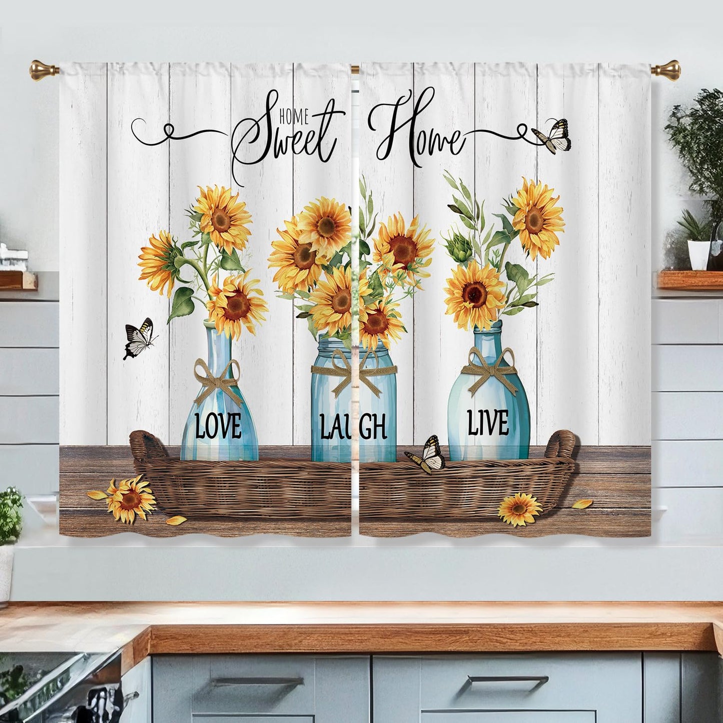 Cizuug Farmhouse Sunflower Kitchen Curtains Rustic Flower Inspirational Small Short Cafe Window Curtains Wooden Country Bathroom Living Room Bedroom Drapes Treatment 2 Panels