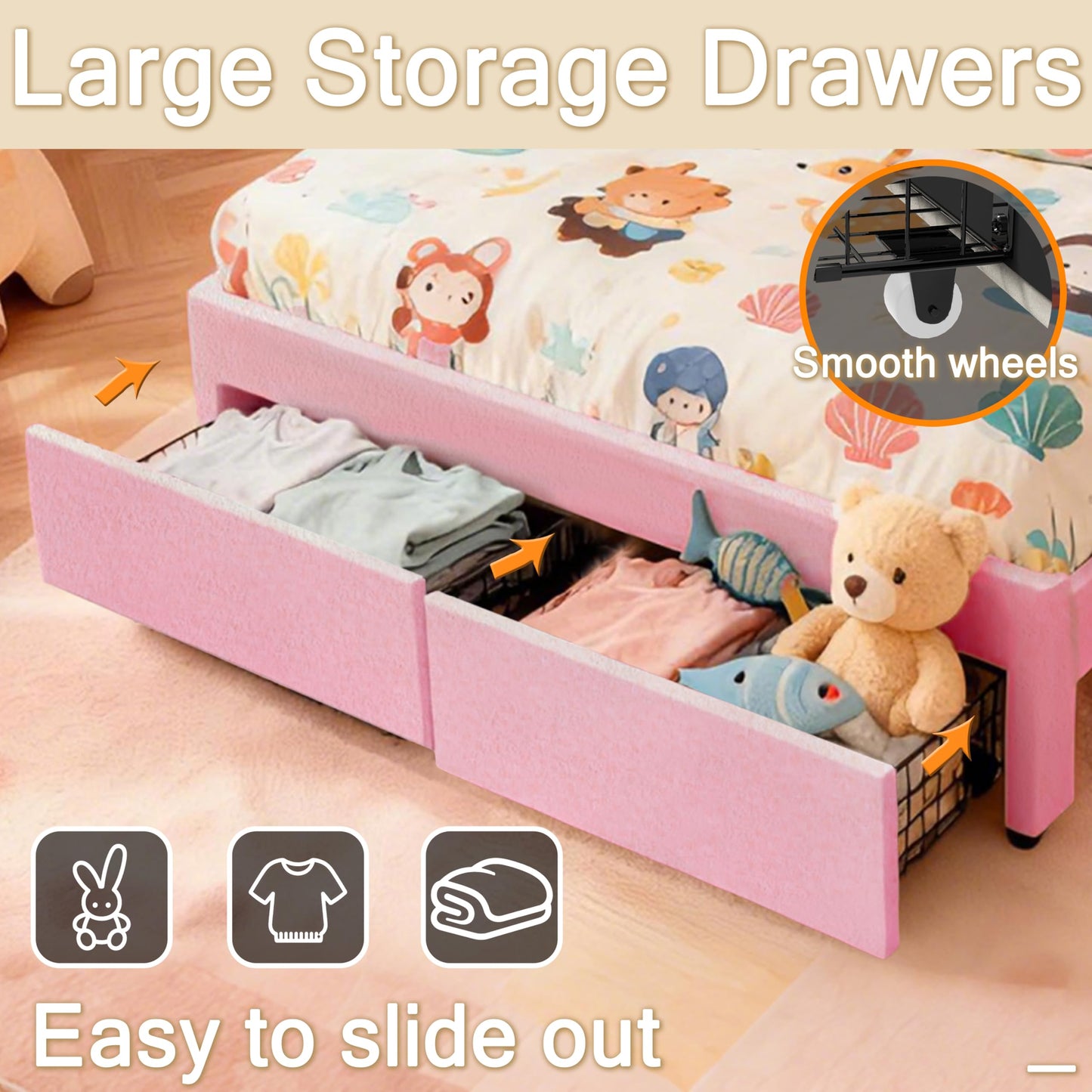 BIOEVER Queen Upholstered Children’s Bed with Storage Drawers,Charging Station & LED Lighting,Teddy Velvet,Quiet Support,Easy Assembly,Pink
