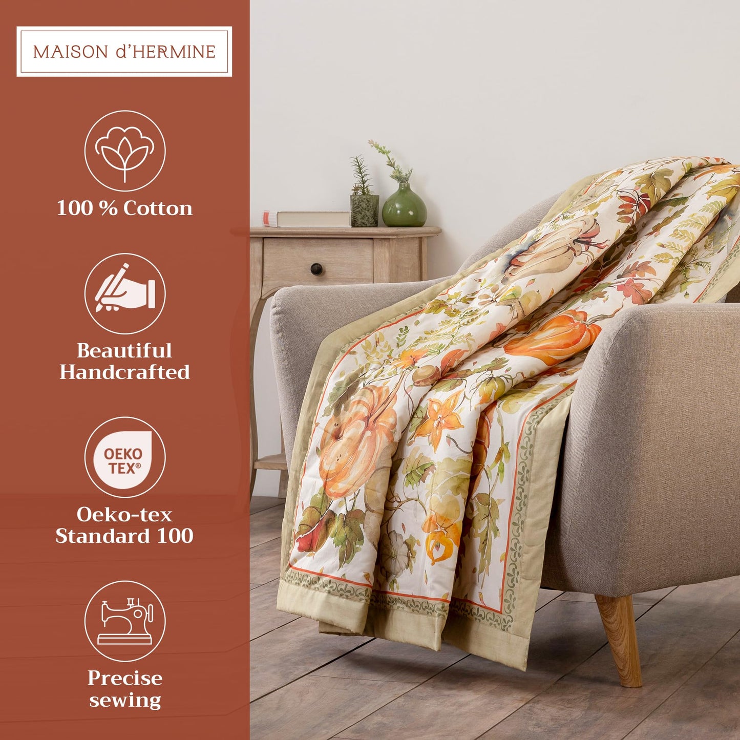Maison d' Hermine Throw Blanket for Couch Lightweight Soft Warm Breathable Cotton Throw Blankets for Bed Girls Boys Women Men Gifts Sofa Living Room Spring Summer (Pumpkin Passion, 60" X 80")