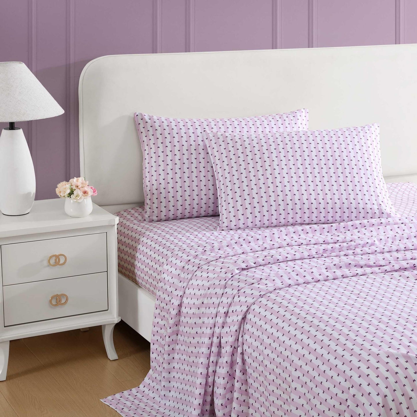 Betsey Johnson - Queen Bed Sheets, Soft & Lightweight Bedding, Fade & Wrinkle Resistant, Chic Room Essentials (Butterfly Stripe Purple, Queen)