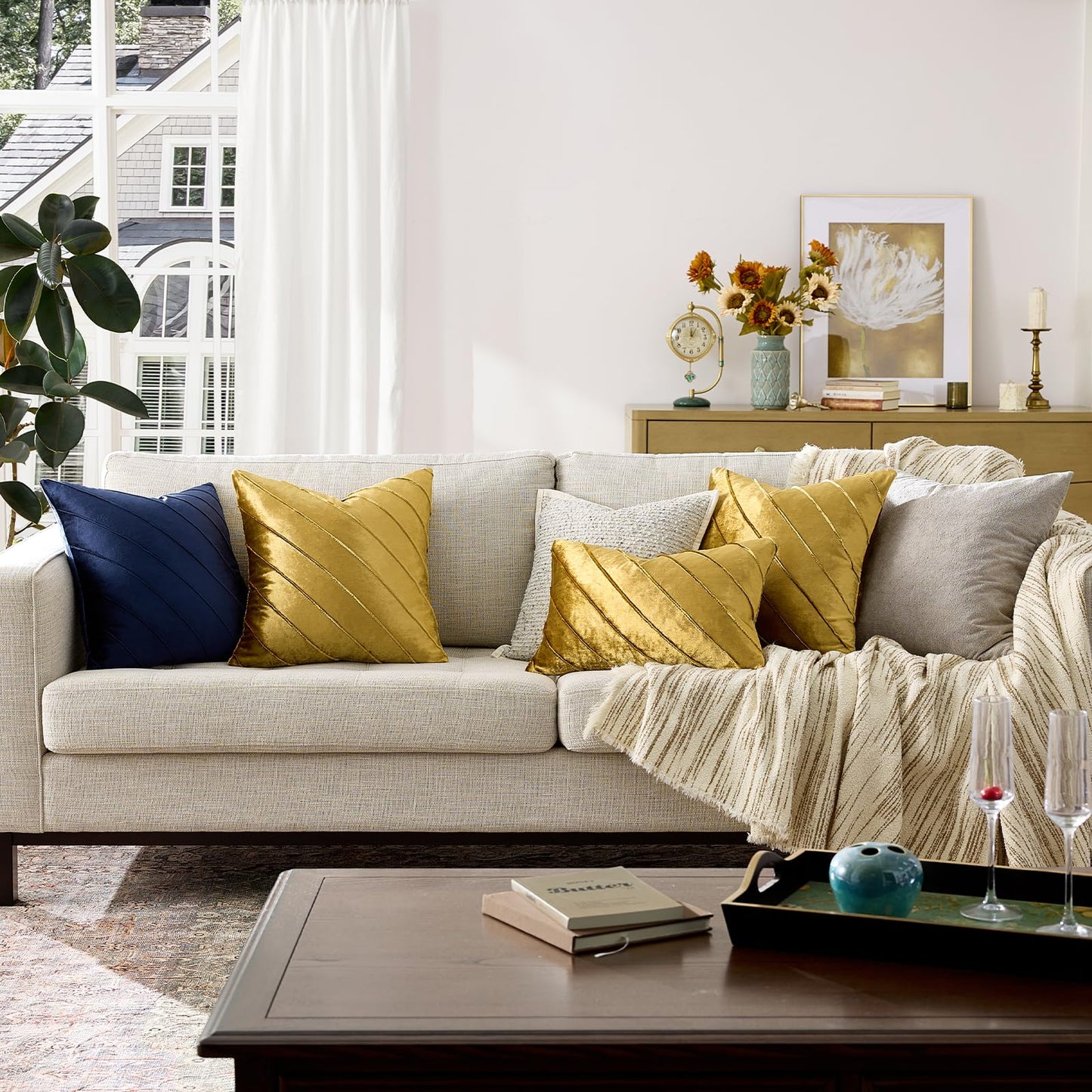 GIGIZAZA Decorative Velvet Pillow Covers 18x18, Set of 2 Gold Sofa Couch Throw Pillows Covers Cases, Living Room Square Cushion Accent Stripe Covers