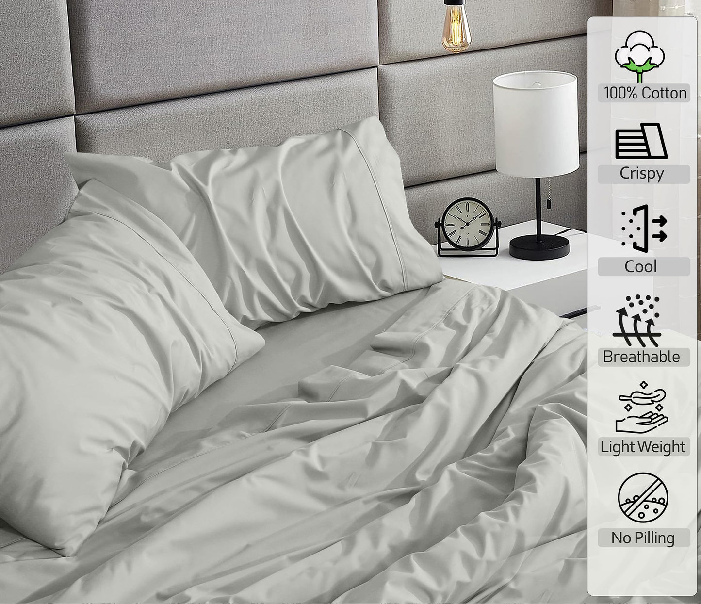 RUVANTI 100% Cotton Percale Sheets Full Size – Crisp Cooling Bed Sheets for Hot Sleepers, Deep Pocket 16”, Soft Breathable & Durable Hotel-Style 4 Piece Set, Silver