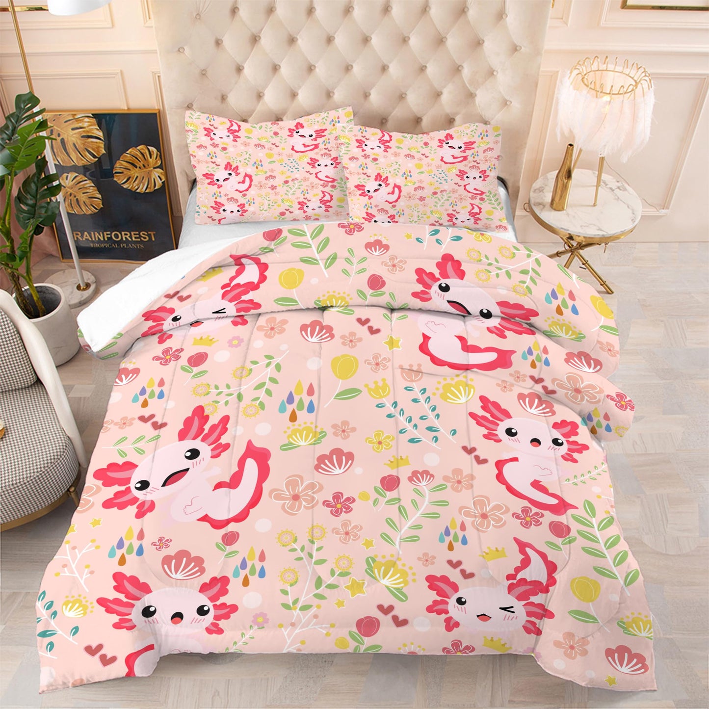 EDGZKO Axolotl Comforter Set Full Size Pink Floral Axolotl Bedding Sets for Kids Girls Teens Bedroom Cute Cartoon Flowers Bed Set 1 Comforter & 2 Pillowcases