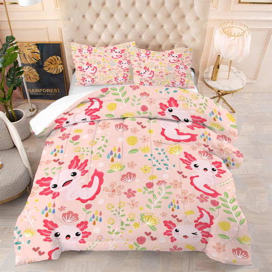 EDGZKO Axolotl Comforter Set Full Size Pink Floral Axolotl Bedding Sets for Kids Girls Teens Bedroom Cute Cartoon Flowers Bed Set 1 Comforter & 2 Pillowcases
