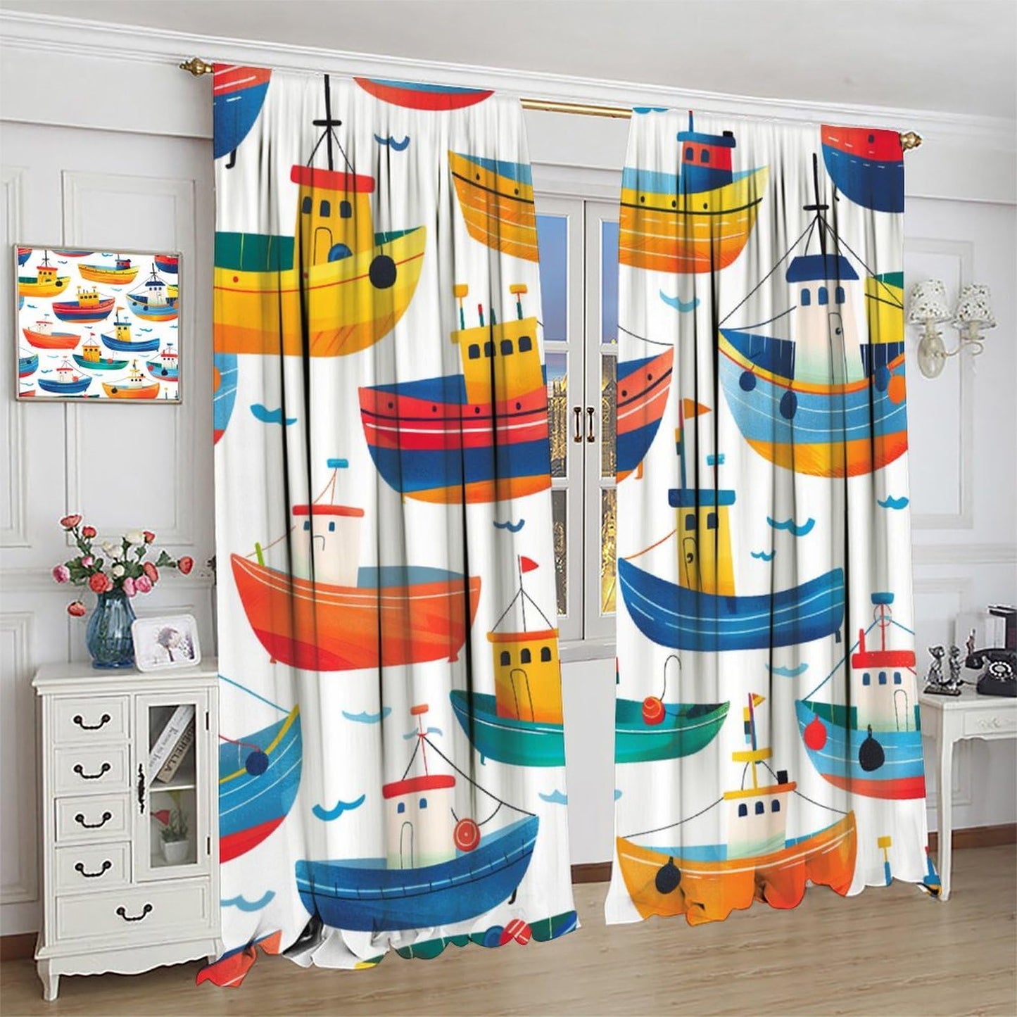 TOWINSFB Cartoon Nautical Boat Blackout Curtains for Living Room Bedroom, Funny Colorful Ocean Ship Window Curtains Rod Pocket Thermal Insulated Window Drapes, 2 Panels, Each 21W x 45L