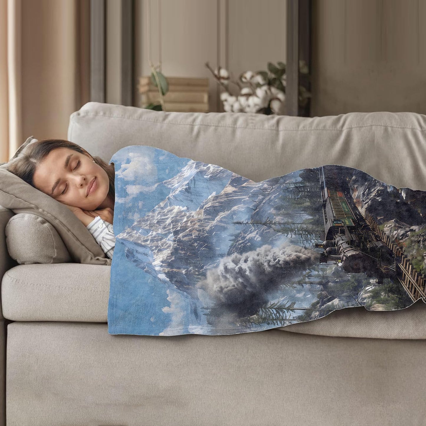 Plistiz Steam Train Throw Blanket 50x60, Train Theme Blankets for Living Room Decor, Soft Flannel Train Gifts for Women