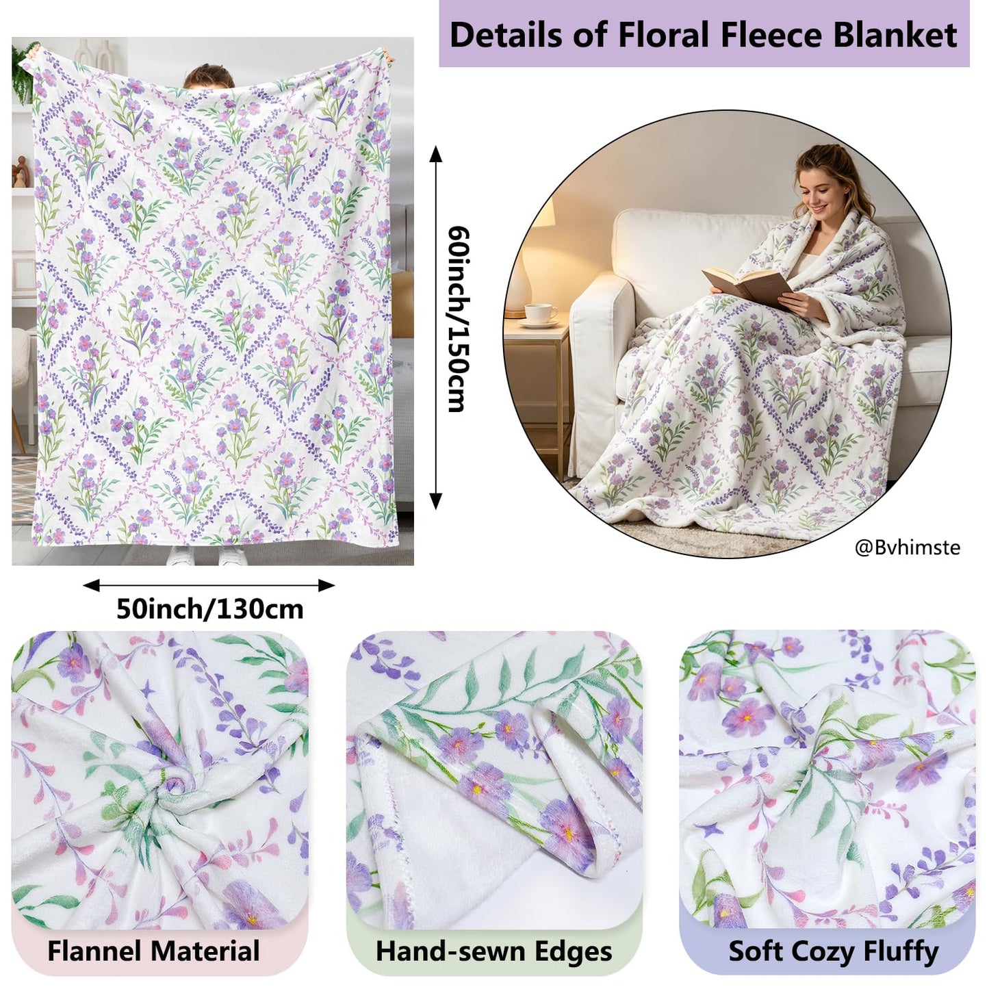 Purple Floral Throw Blanket Flower Botanical Throw Blankets Spring Summer Flannel Throw Blanket Floral Fleece Warm Cozy Bed Blankets Super Soft Plush Blankets for Bedding Couch Sofa 50"x60"