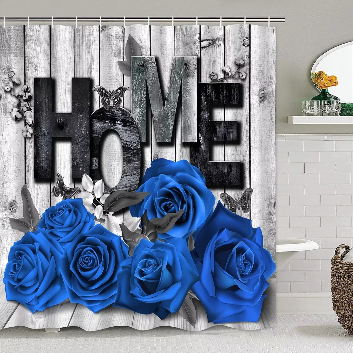 Yddsky Blue Rose Valentines 4 Pcs Shower Curtain Sets Non-Slip Rugs Bath Mat Toilet Cover U Shaped Mat Romantic Blue Bathroom Decor with 12 Hooks Valentines Day Bathroom Set
