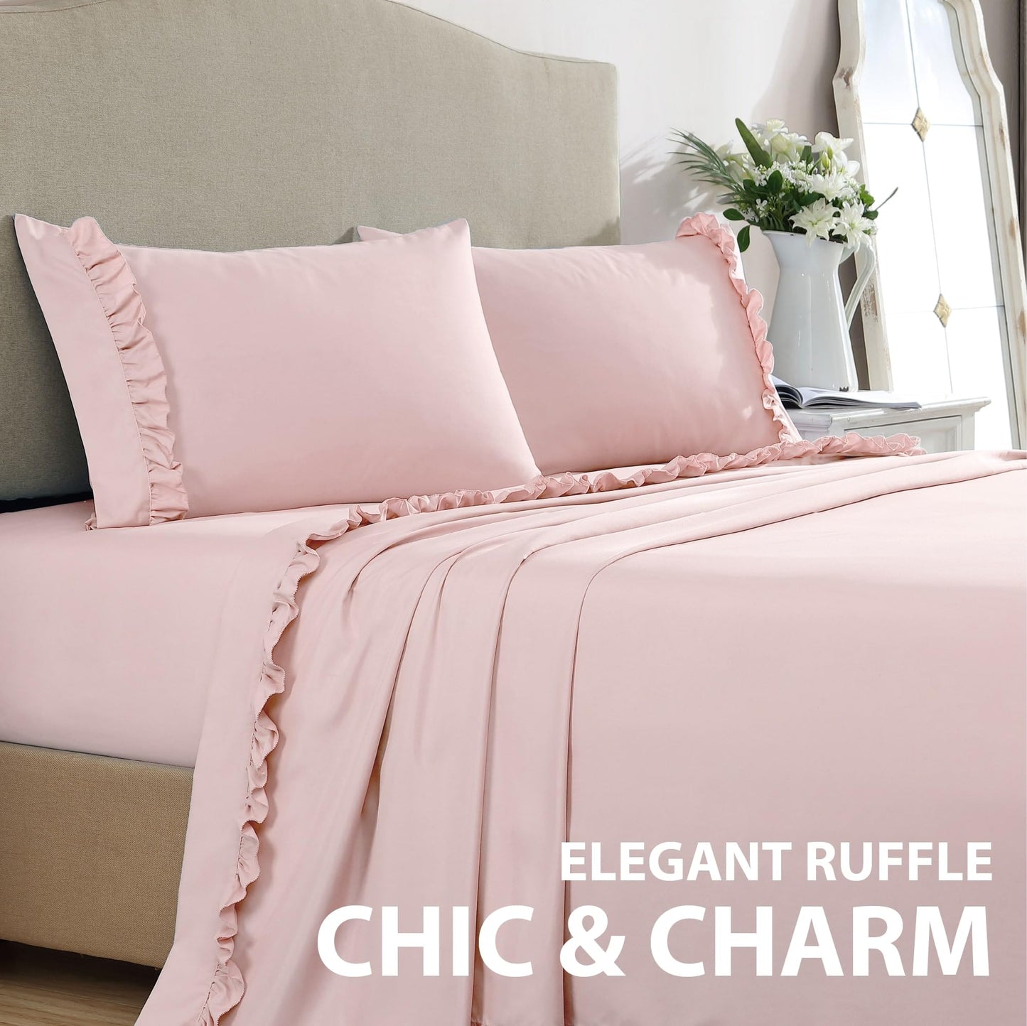 Swift Home Ultra-Soft Elegant 2-inch Ruffled Hem Design on Flat Sheet and Pillowcases, Wrinkle Resistant, Fade Resistant, Deep Pocket, Double Brushed 4-Piece Microfiber Sheet Set - King, Rose Blush