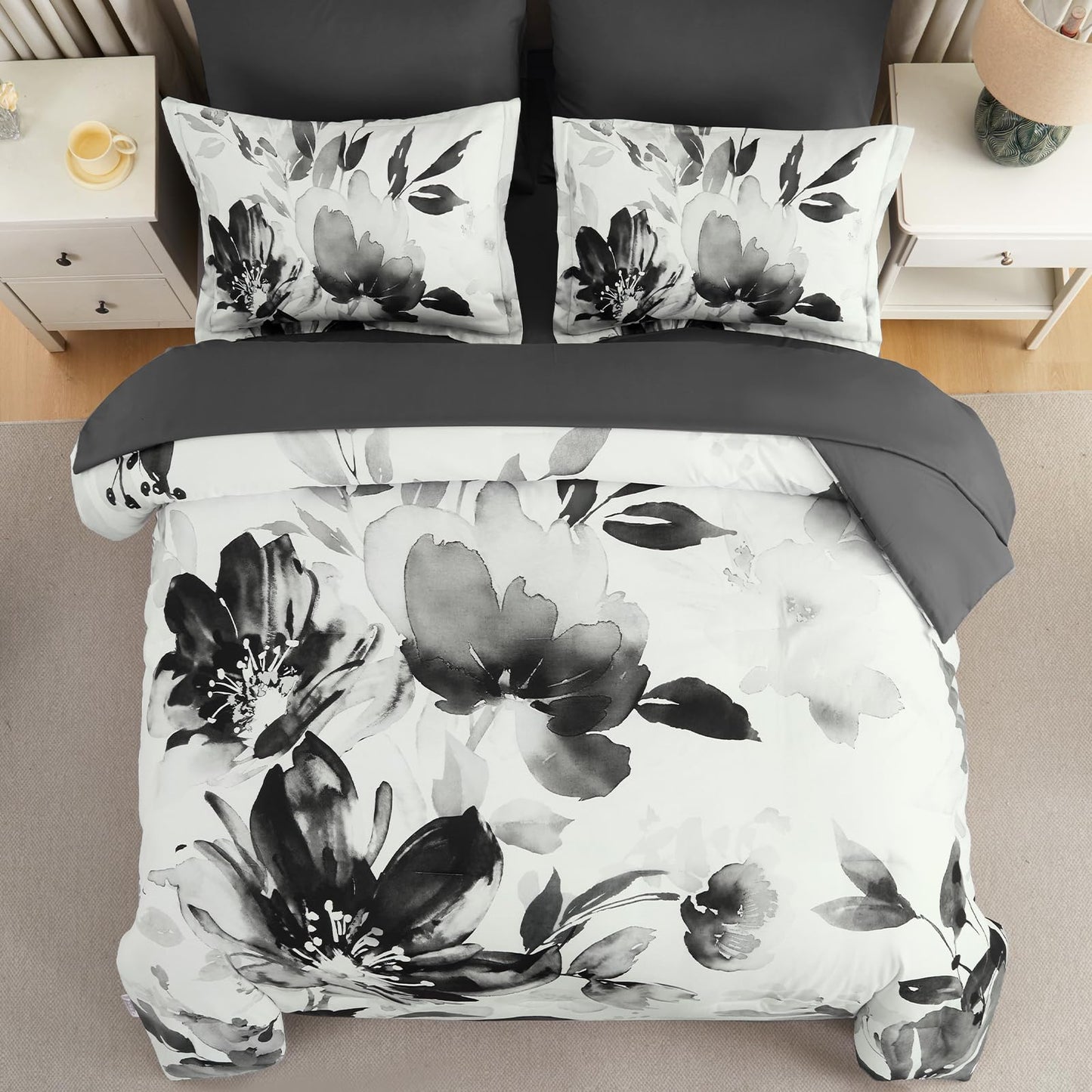 Luxudecor Floral Comforter Set Queen Size, 7 Piece Black Grey Flower Set Bed in a Bag,Soft Microfiber Farmhouse Shabby Chic Bedding Set for All Seasons(90"x90")