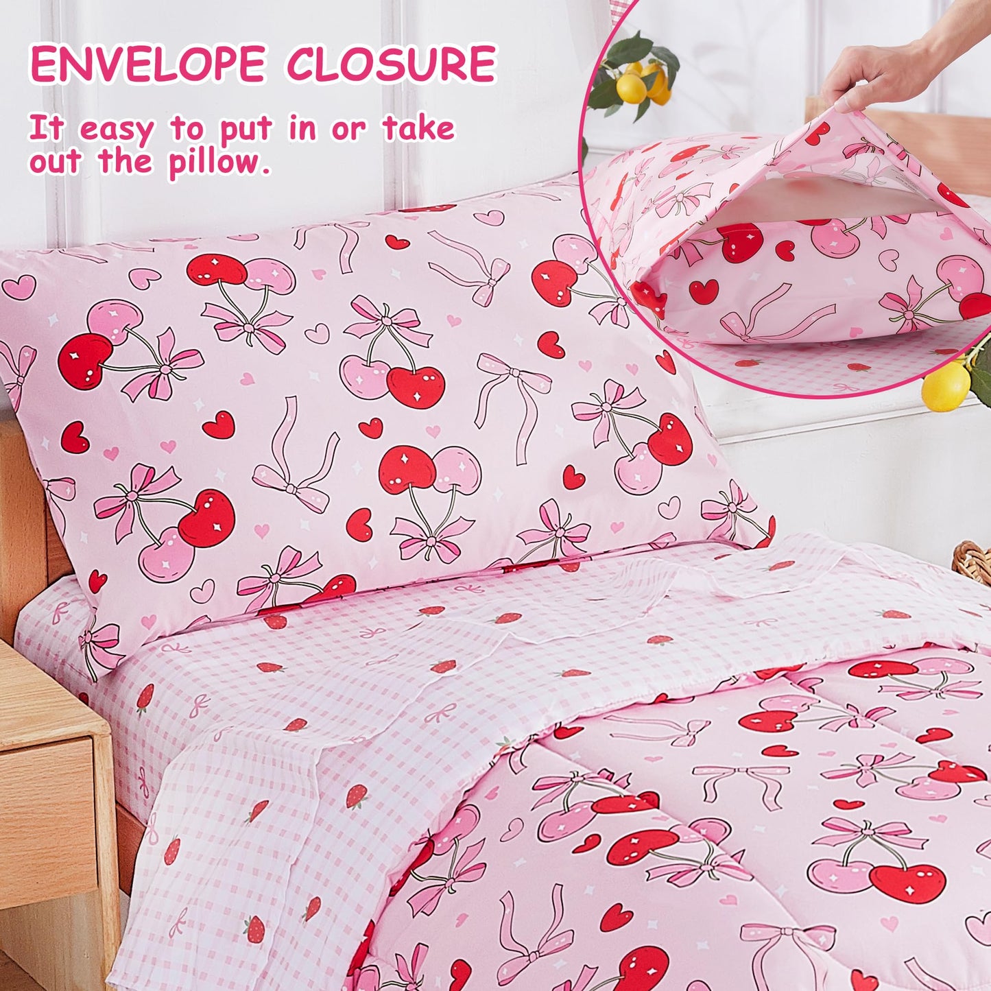 Mooreeke 4 Pieces Toddler Bedding Set - Pink Cherry Bow Toddler Comforter Sets for Girls, Includes Comforter, Flat Sheet, Fitted Sheet and Pillowcase, Bed in A Bag for Baby Bedroom