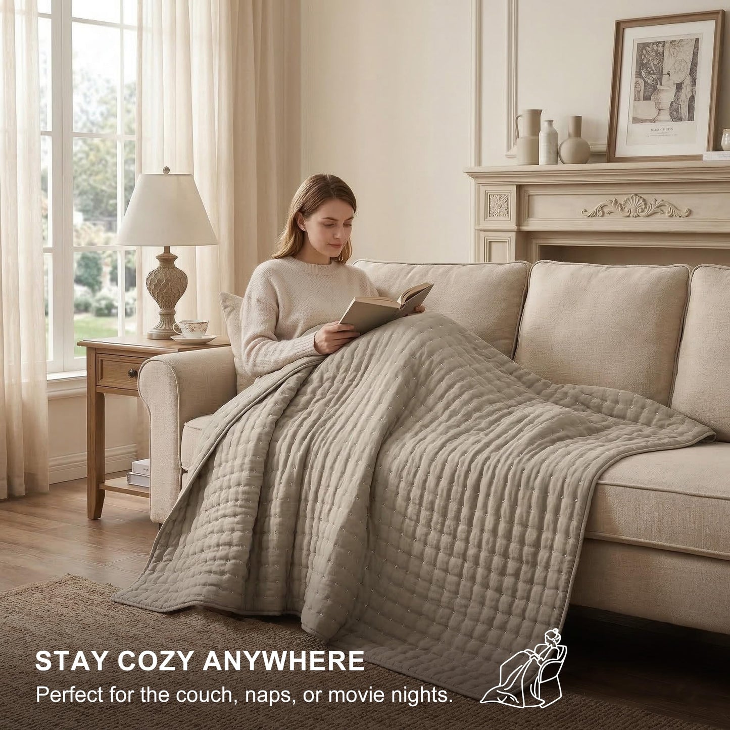 WDCOZY Beige Queen Size Quilt Bedding Sets with Pillow Shams, Cream Tan Lightweight Soft Bedspread Coverlet, Quilted Blanket Thin Comforter Bed Cover for All Season, 3 Pieces, 90x90 inches