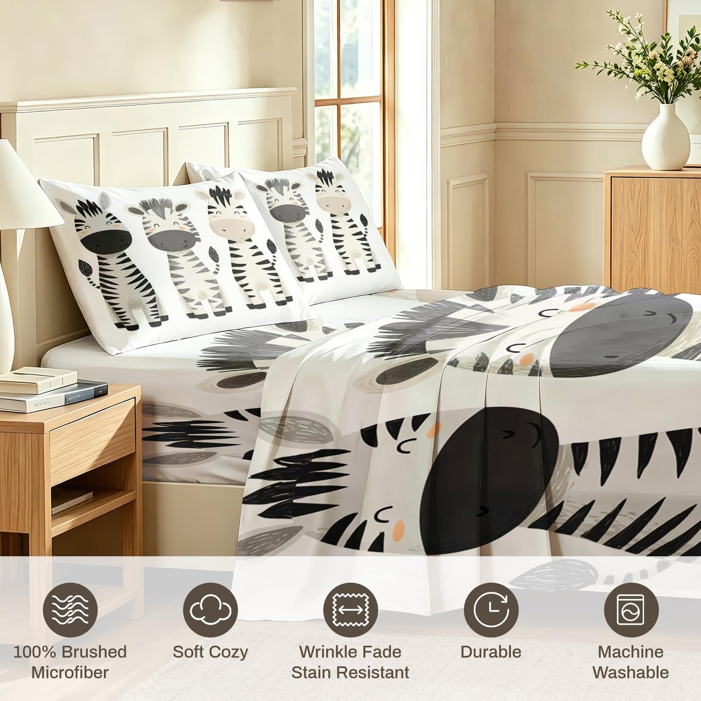 Zebra Twin Sheet Set 3 Pcs Black and White Kids Bed Sheets