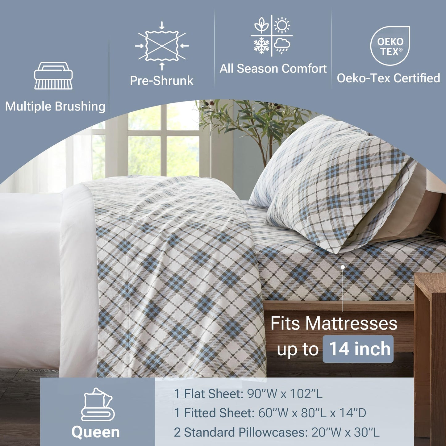 True North by Sleep Philosophy Cozy Flannel Warm 100% Cotton Sheet - Novelty Print Animals Stars Cute Ultra Soft Cold Weather Bedding Set, Queen, Blue Plaid 4 Piece